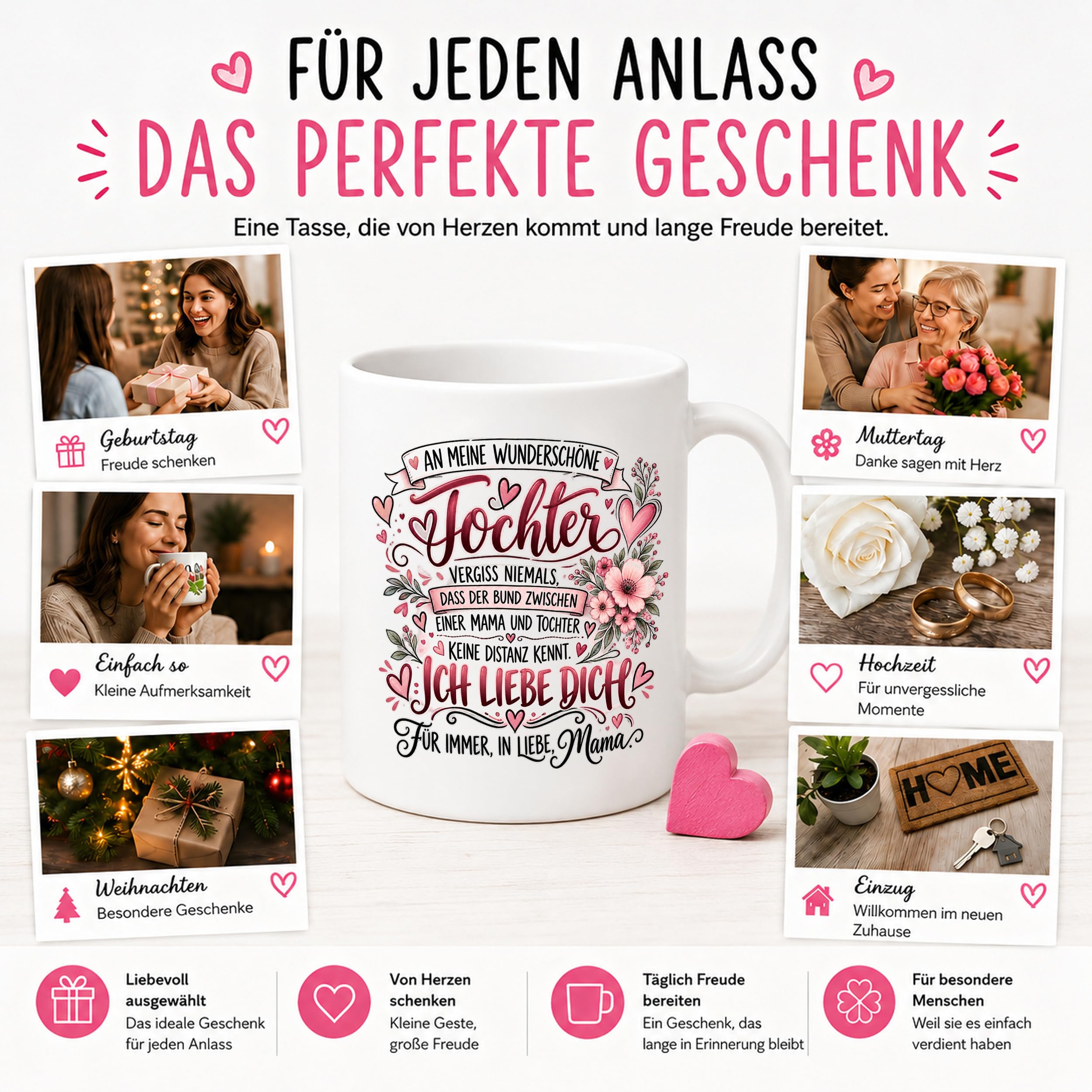 Herzbotschaft Tochter Tasse Geschenk von Mama Kaffeetasse hübsche Tochter