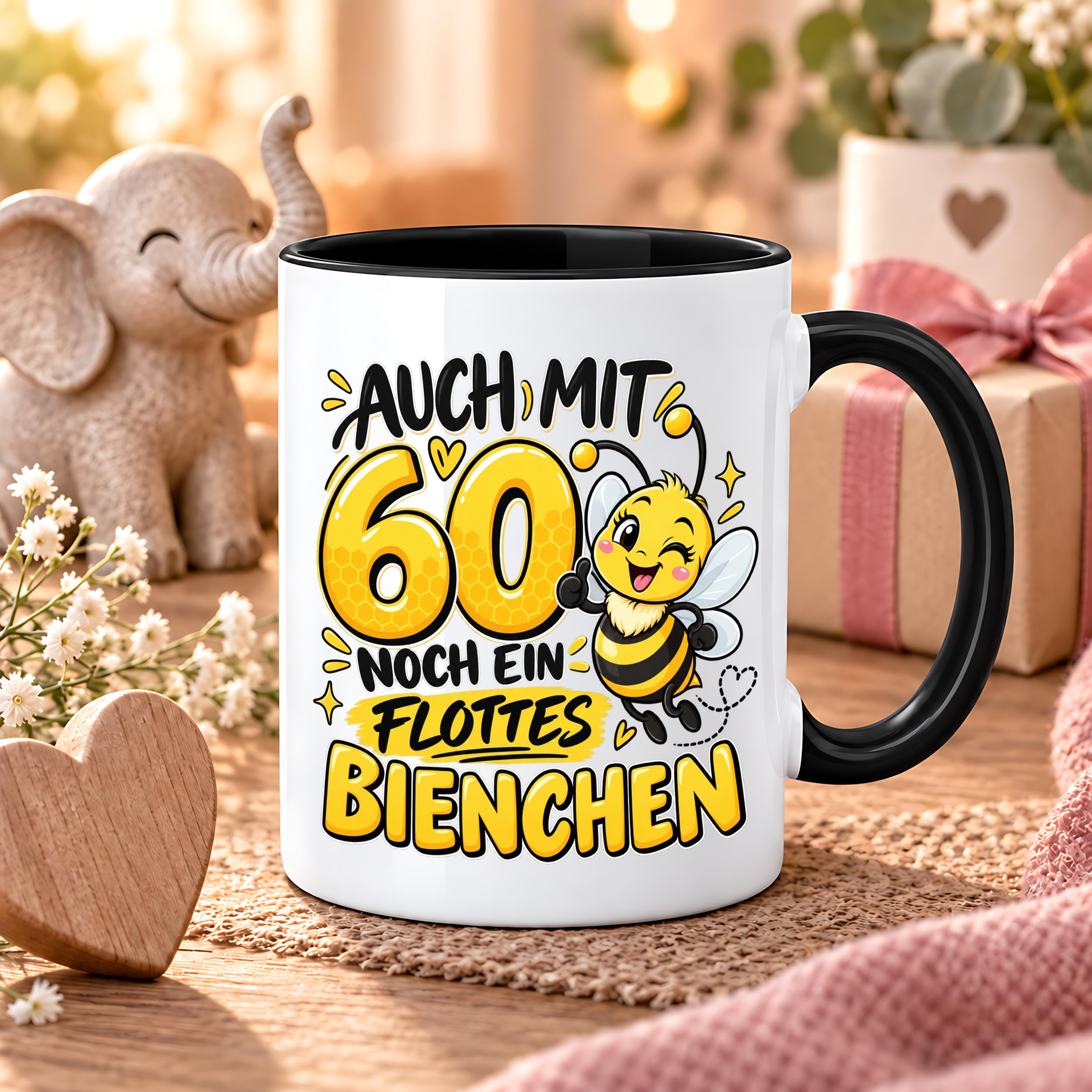 Herzbotschaft Tasse 60. Geburtstag Flottes Bienchen Geschenk für Frau