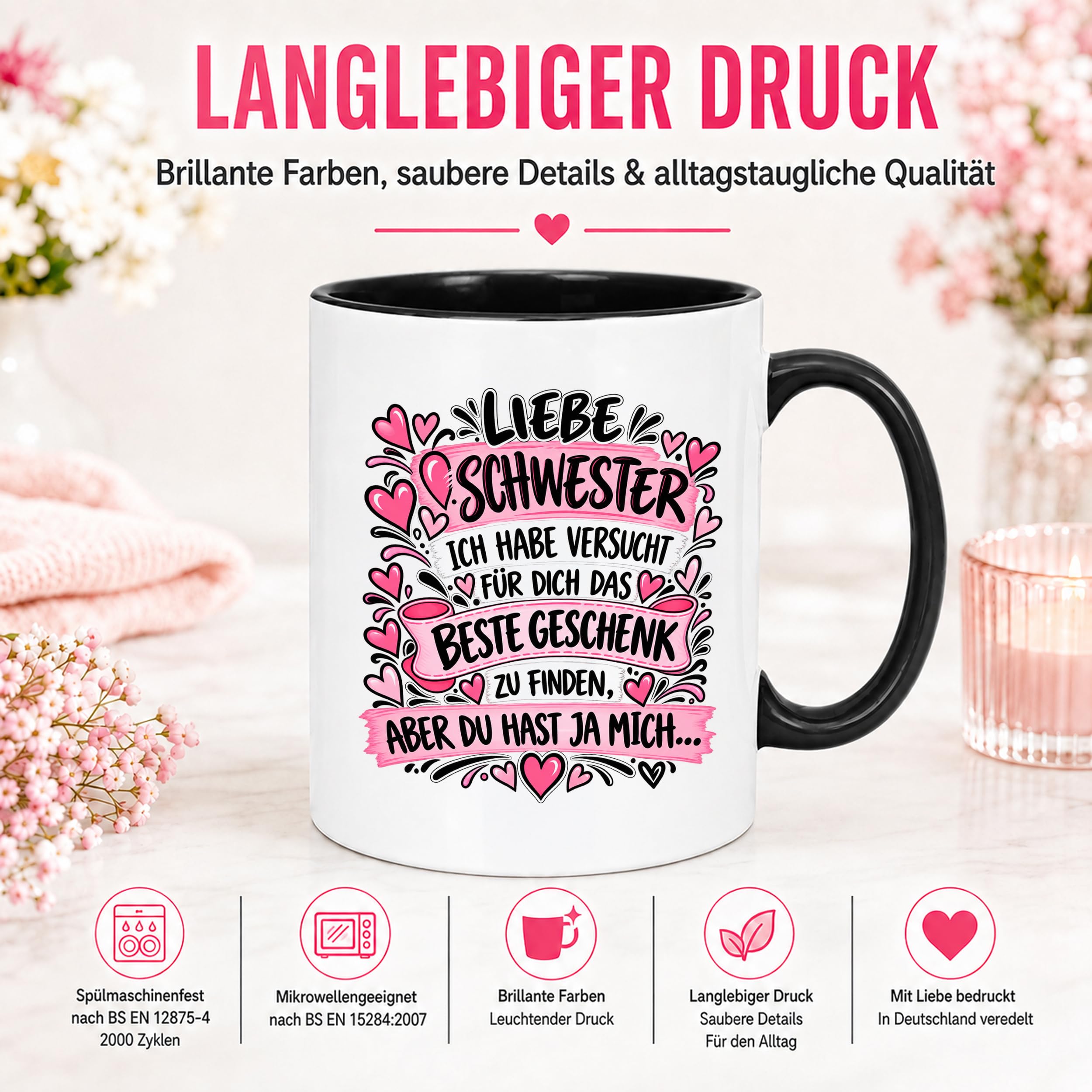 Herzbotschaft Tasse Geschenk Beste Schwester Kaffeetasse Geschwister