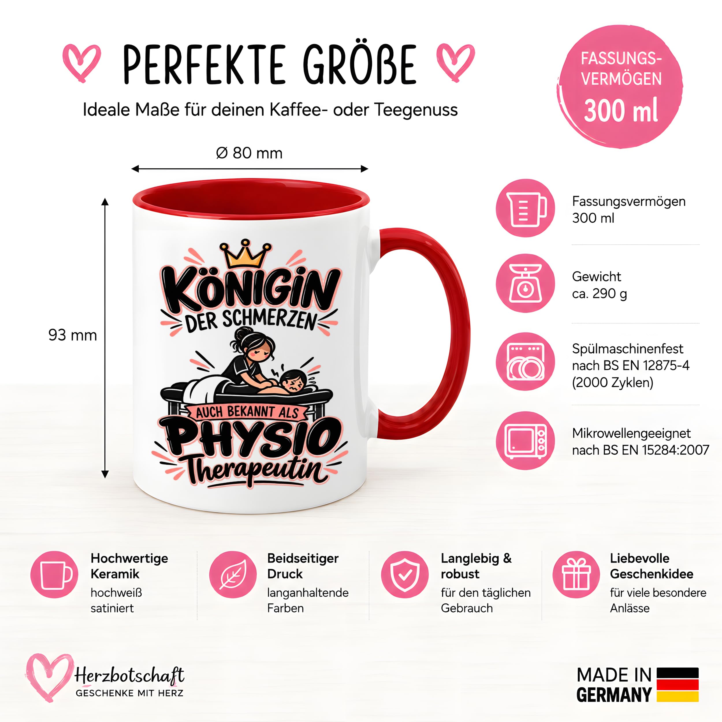 Herzbotschaft Tasse Physiotherapeutin Königin der Schmerzen Kaffeetasse