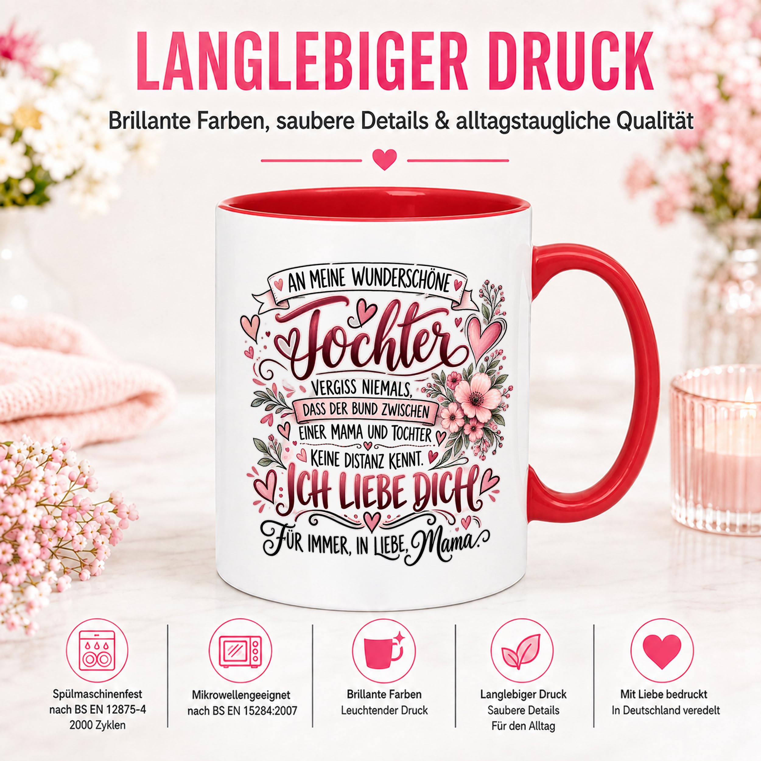 Herzbotschaft Tochter Tasse Geschenk von Mama Kaffeetasse hübsche Tochter