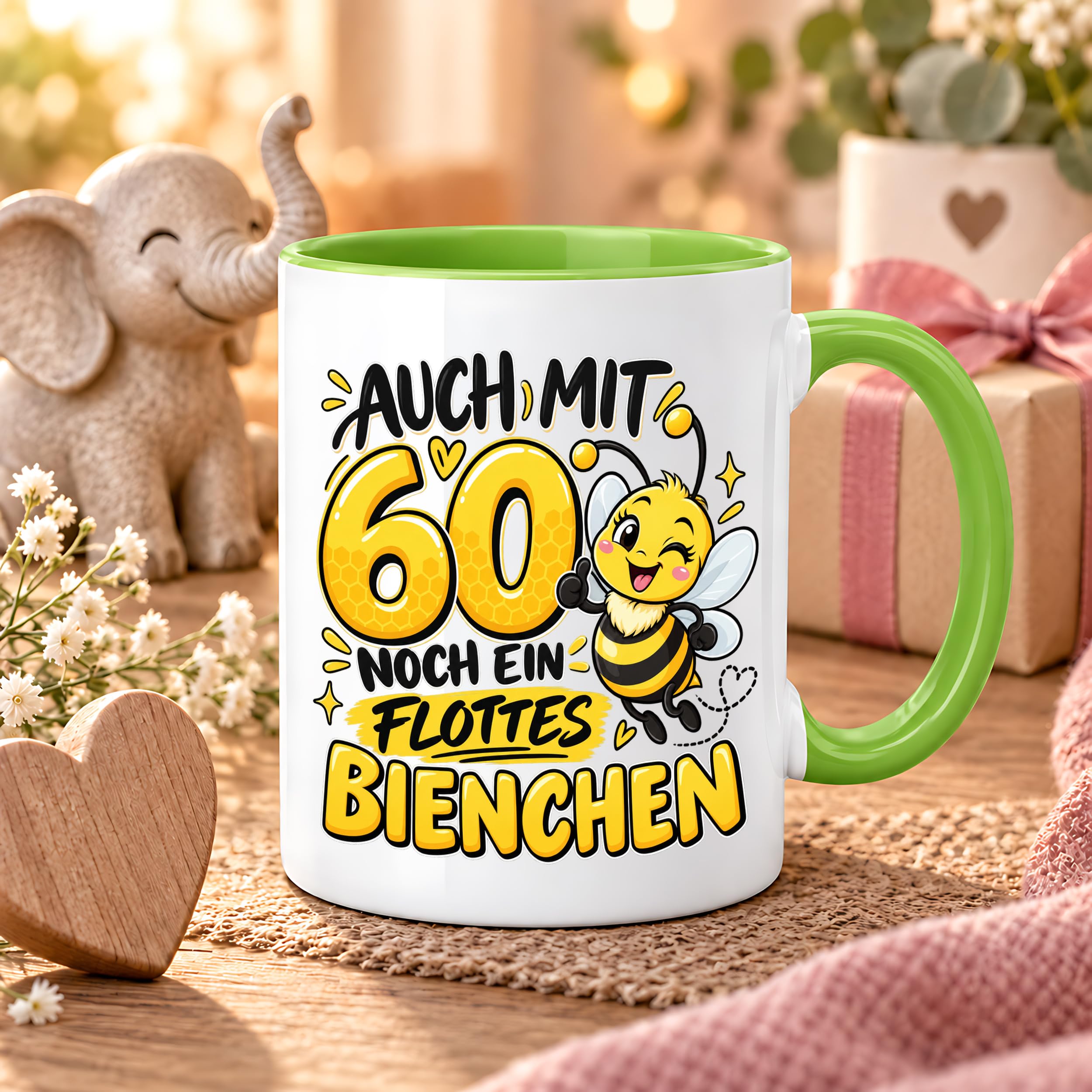 Herzbotschaft Tasse 60. Geburtstag Flottes Bienchen Geschenk für Frau