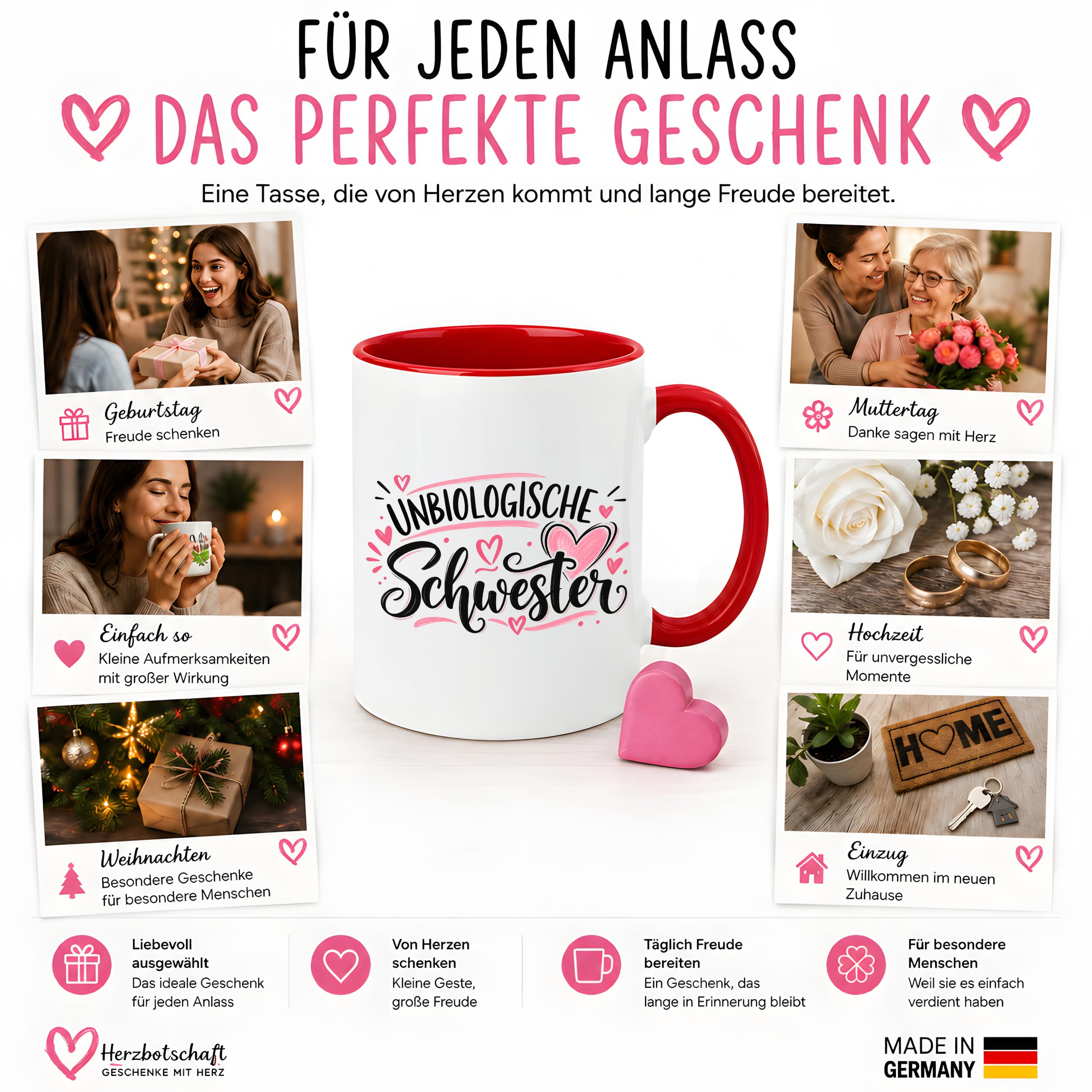 Herzbotschaft Tasse für beste Freundin Kaffeetasse Unbiologische Schwester