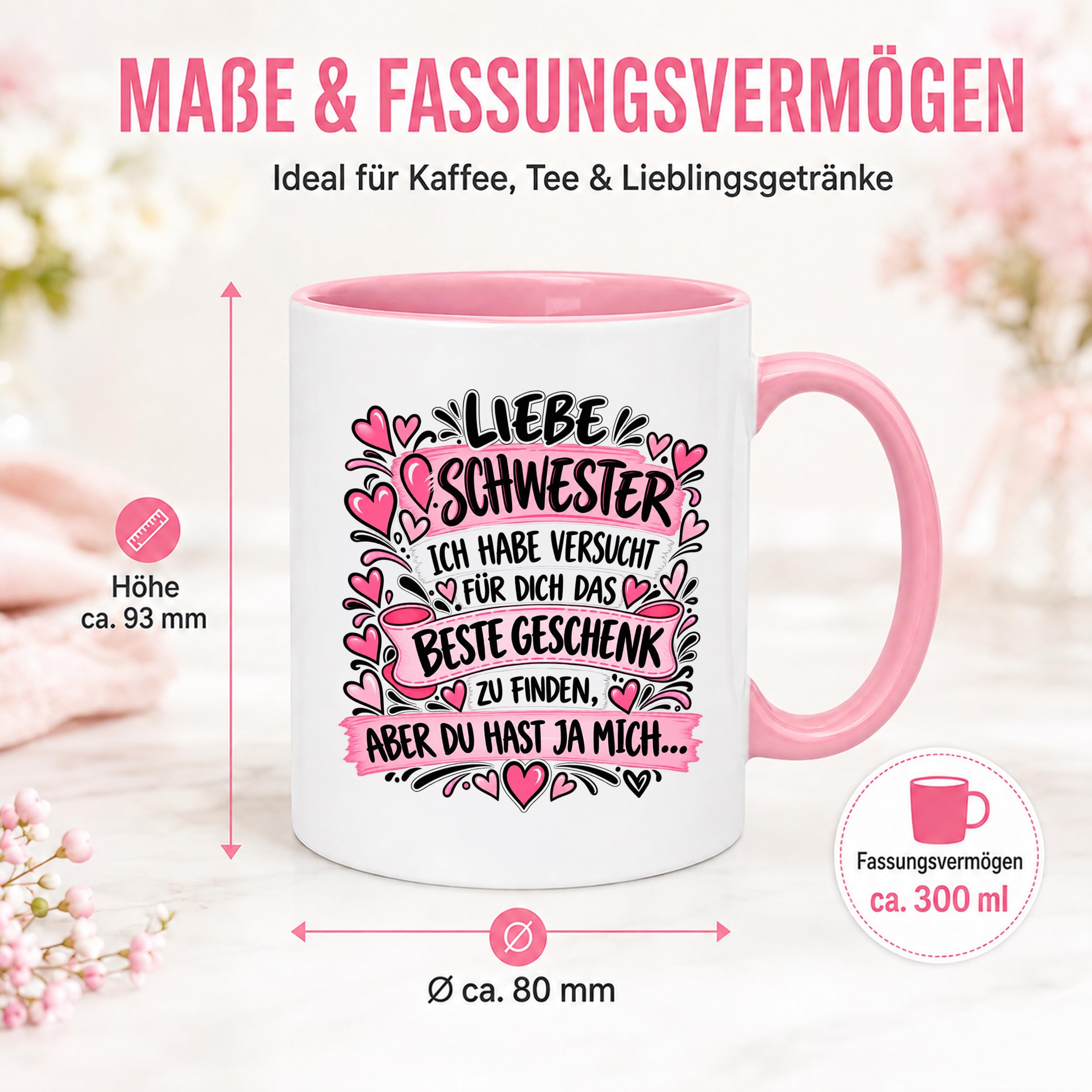 Herzbotschaft Tasse Geschenk Beste Schwester Kaffeetasse Geschwister