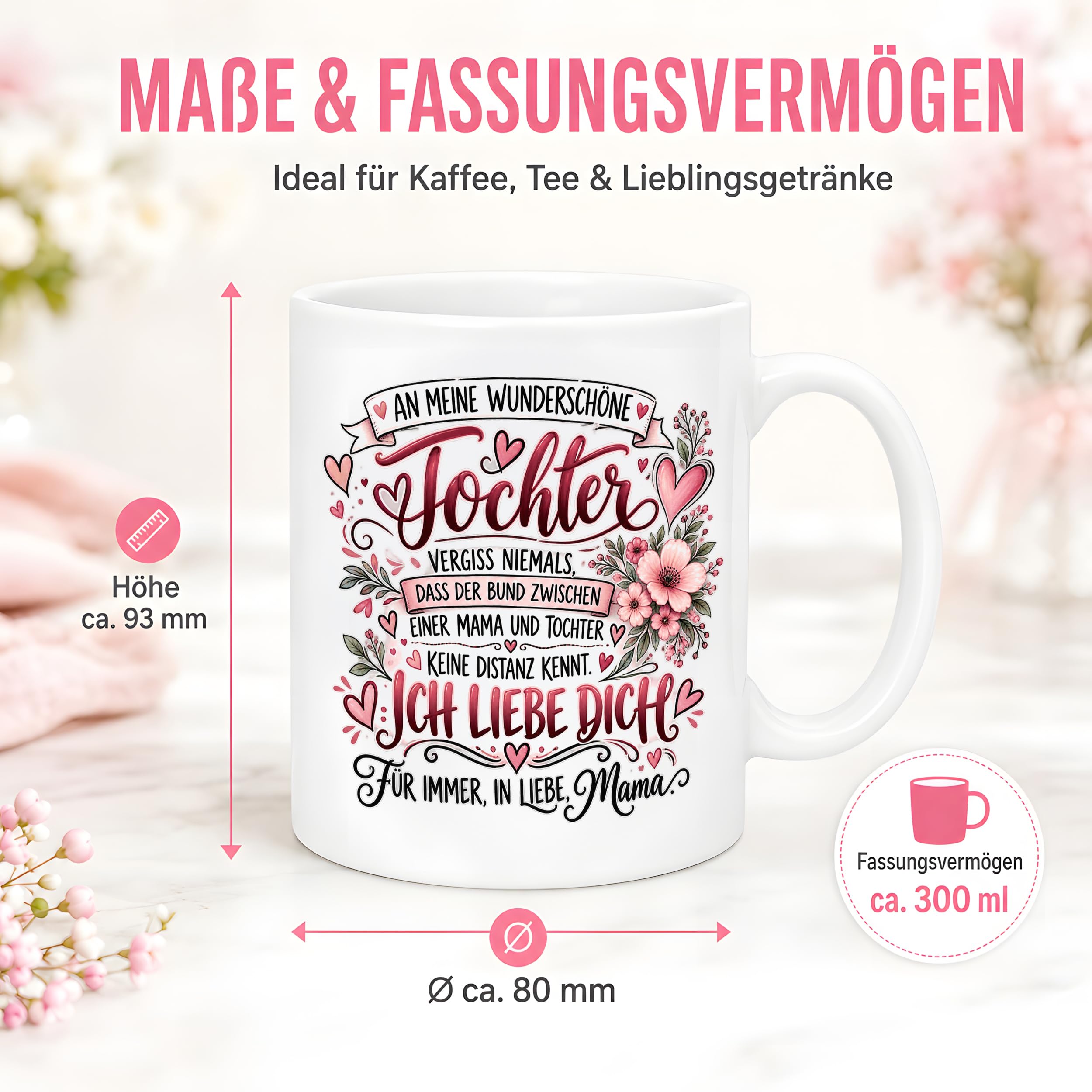 Herzbotschaft Tochter Tasse Geschenk von Mama Kaffeetasse hübsche Tochter