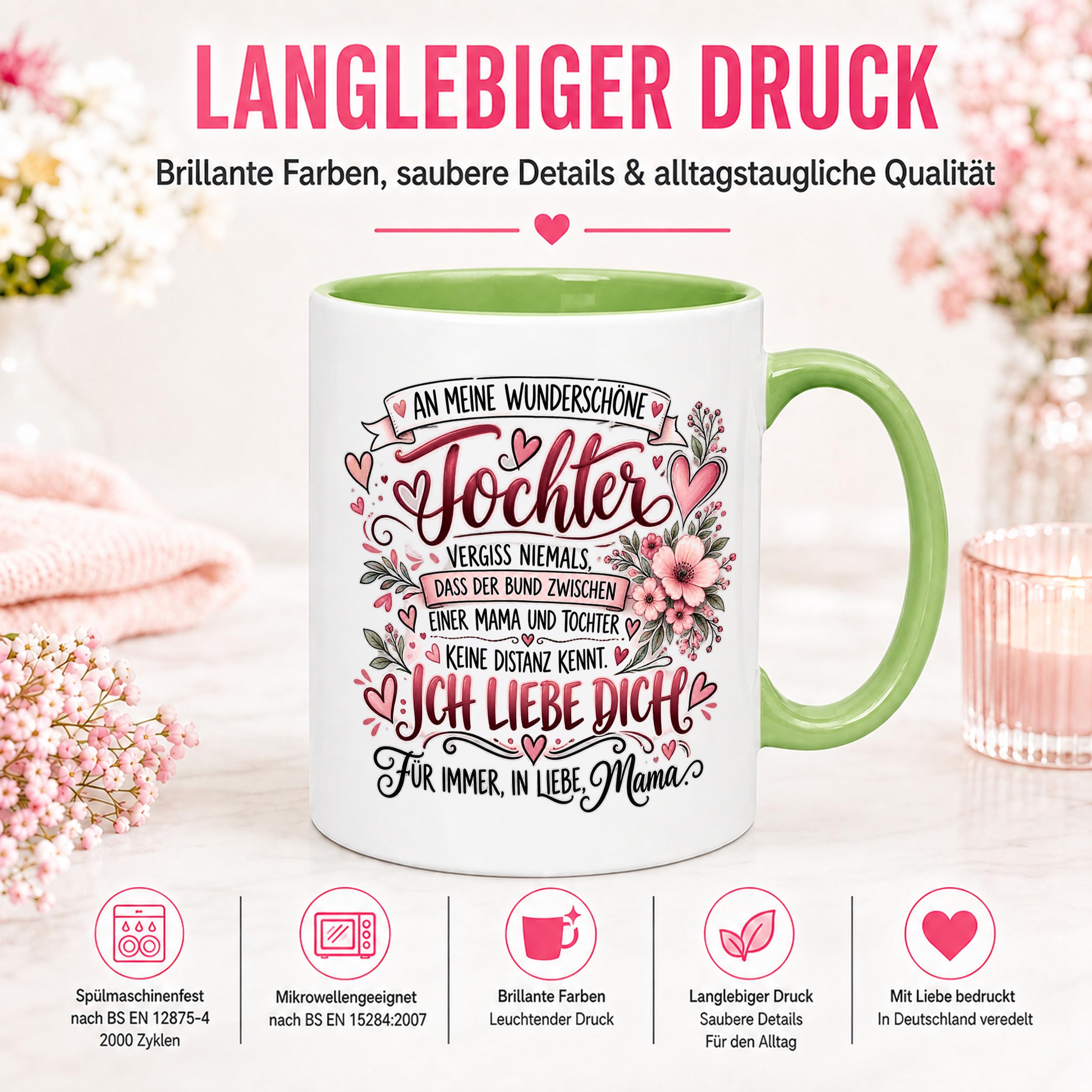 Herzbotschaft Tochter Tasse Geschenk von Mama Kaffeetasse hübsche Tochter