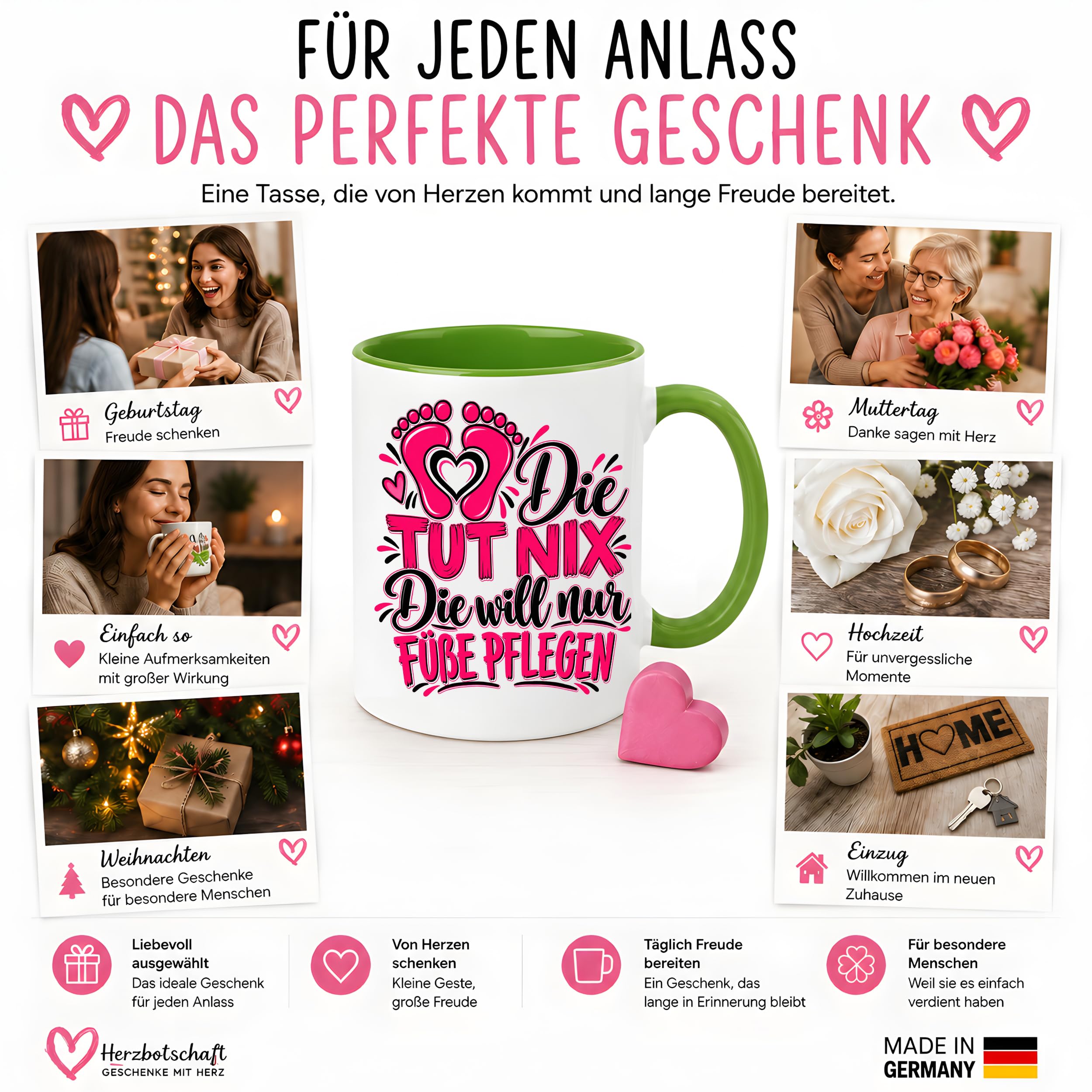 Herzbotschaft Tasse Fußpflege Kaffeetasse für Podologin mit lustigem Spruch