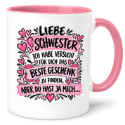 Herzbotschaft Tasse Geschenk Beste Schwester Kaffeetasse Geschwister
