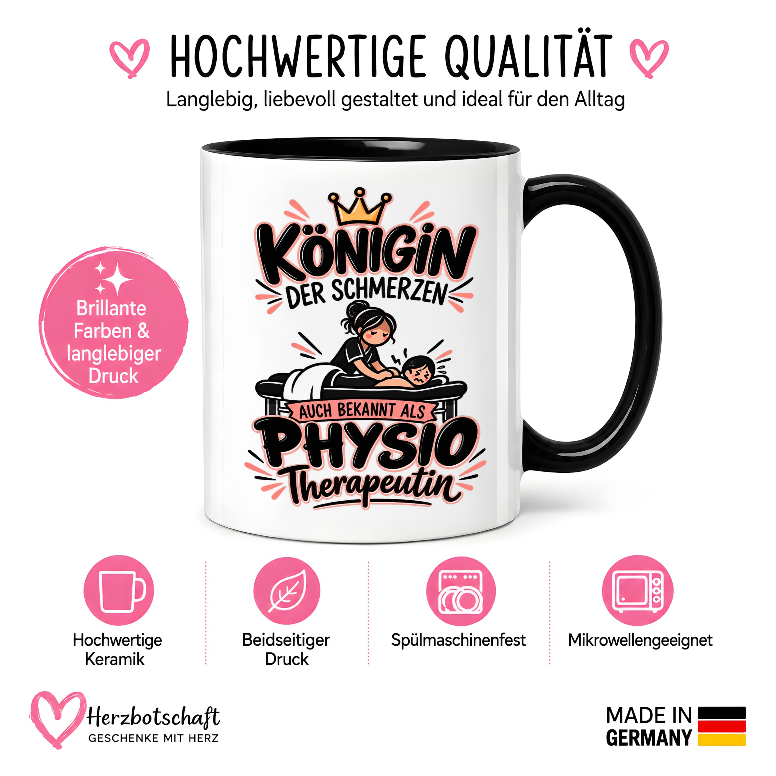 Herzbotschaft Tasse Physiotherapeutin Königin der Schmerzen Kaffeetasse