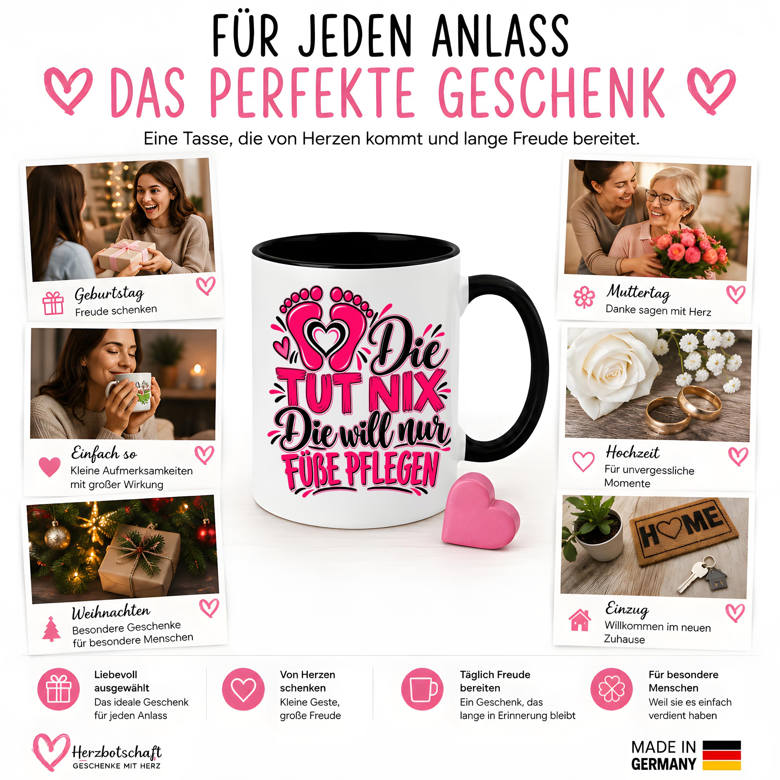 Herzbotschaft Tasse Fußpflege Kaffeetasse für Podologin mit lustigem Spruch