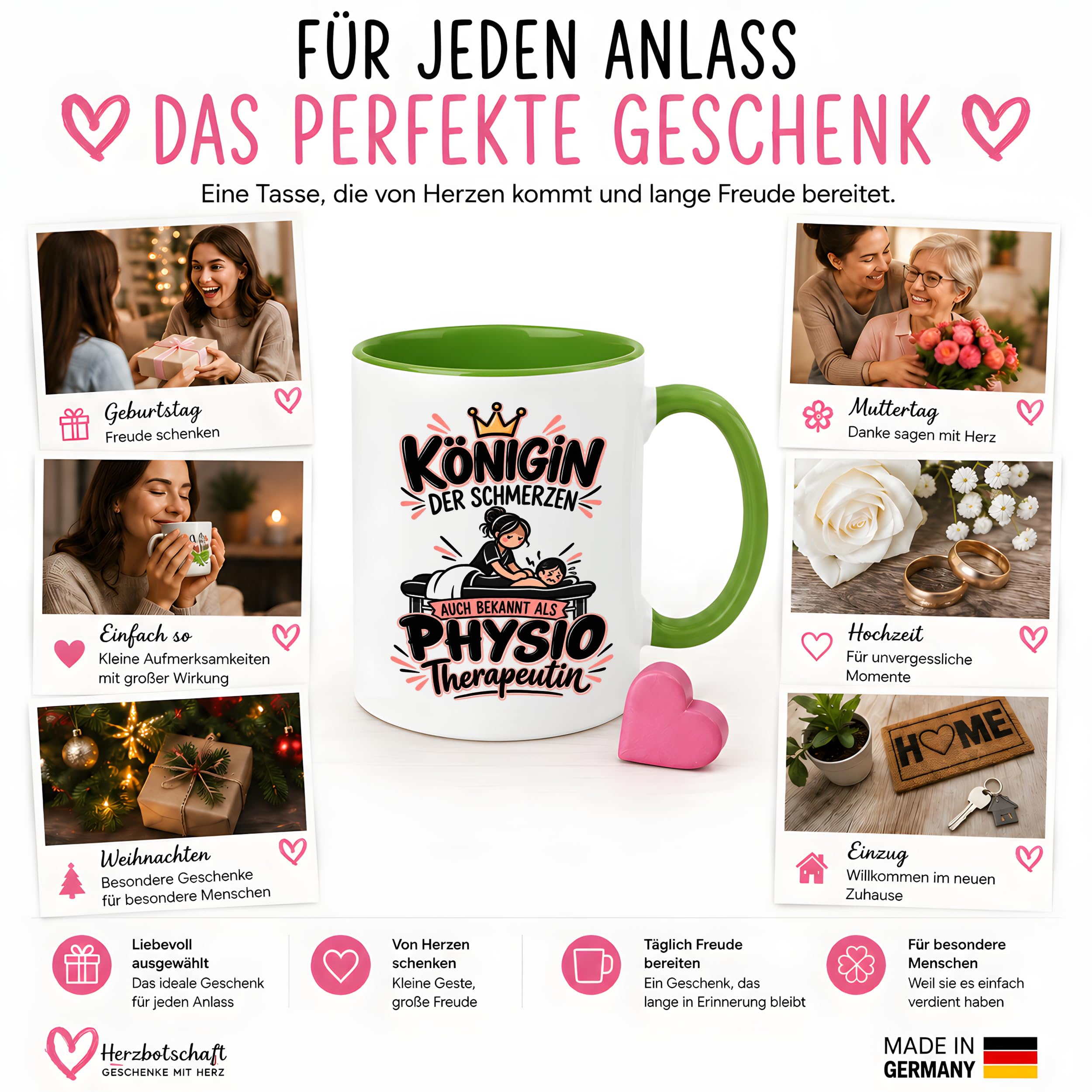 Herzbotschaft Tasse Physiotherapeutin Königin der Schmerzen Kaffeetasse