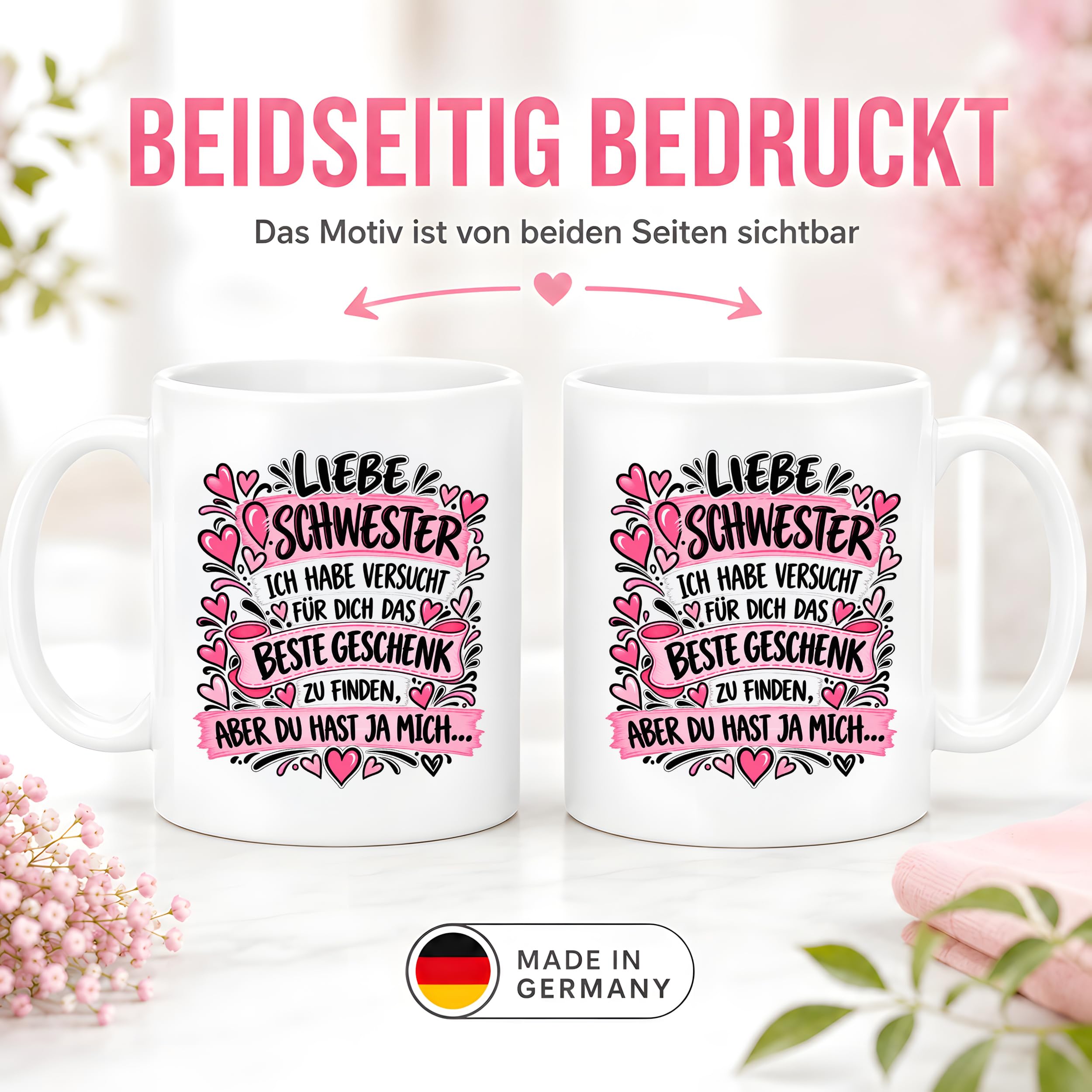 Herzbotschaft Tasse Geschenk Beste Schwester Kaffeetasse Geschwister