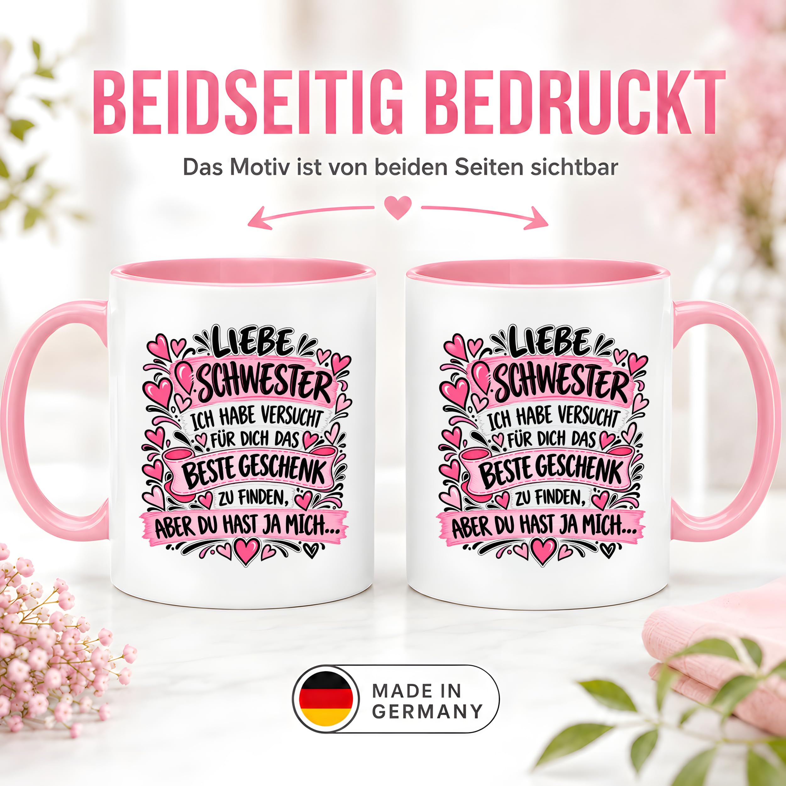 Herzbotschaft Tasse Geschenk Beste Schwester Kaffeetasse Geschwister