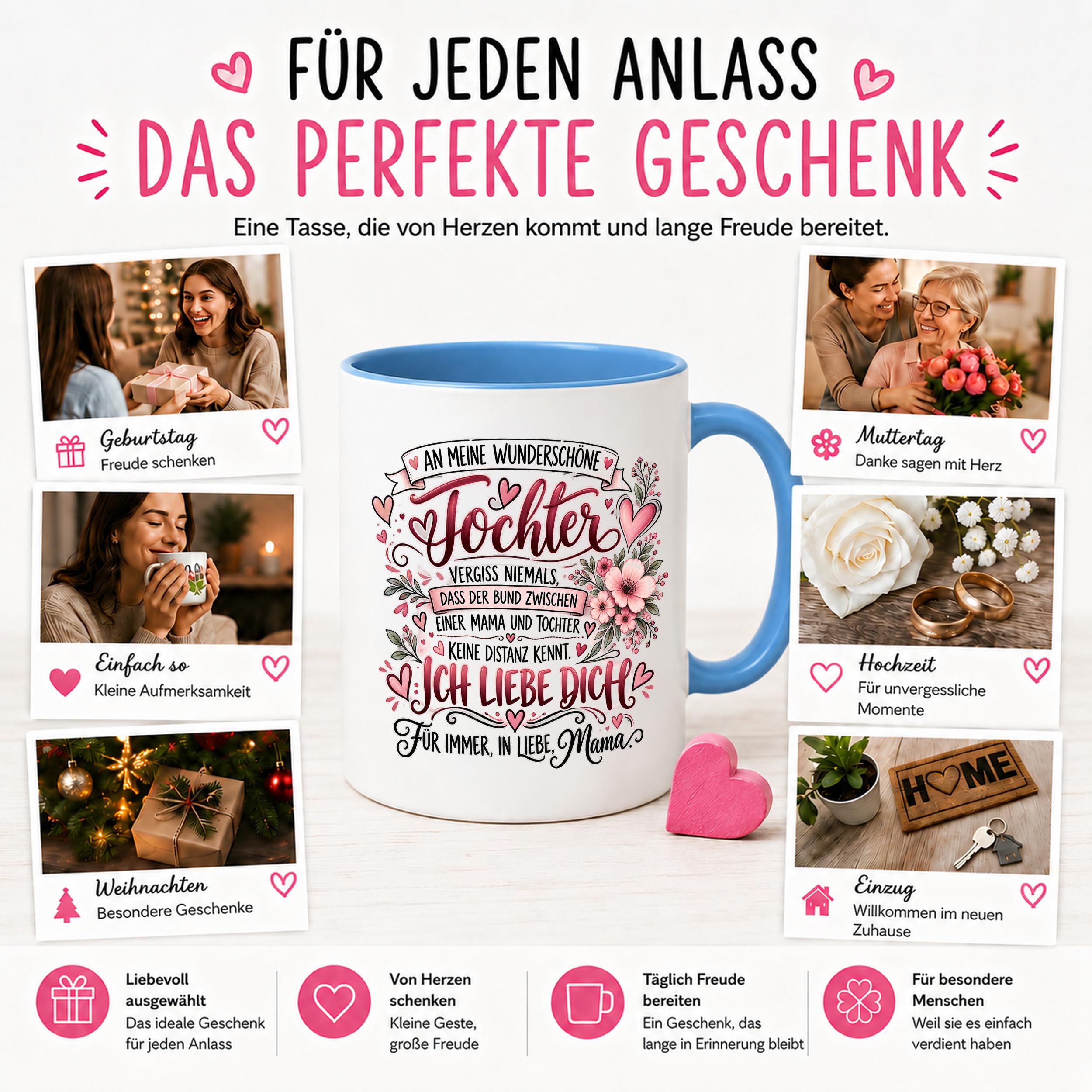 Herzbotschaft Tochter Tasse Geschenk von Mama Kaffeetasse hübsche Tochter