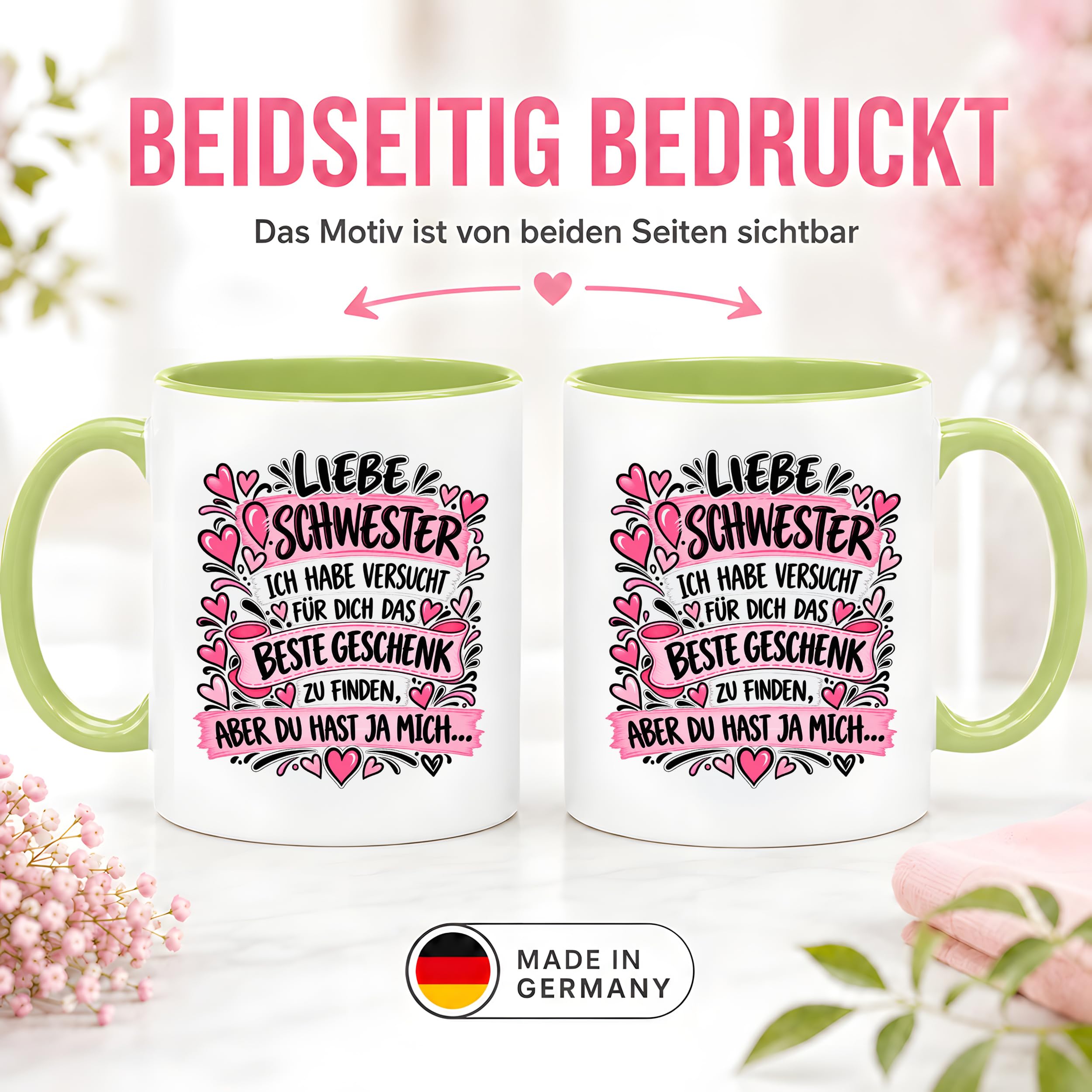 Herzbotschaft Tasse Geschenk Beste Schwester Kaffeetasse Geschwister