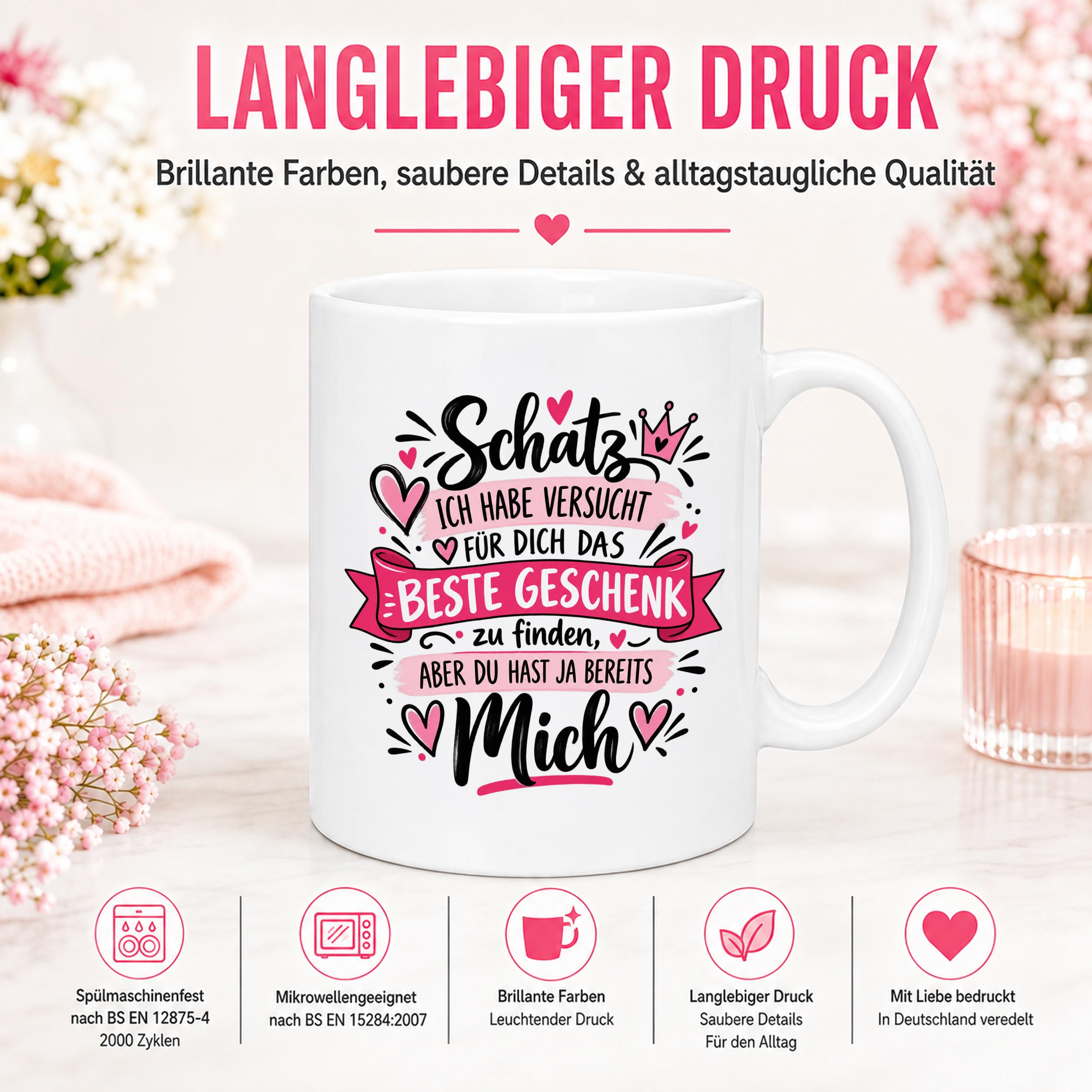 Herzbotschaft Tasse Schatz mit Spruch Das perfekte Geschenk Partner