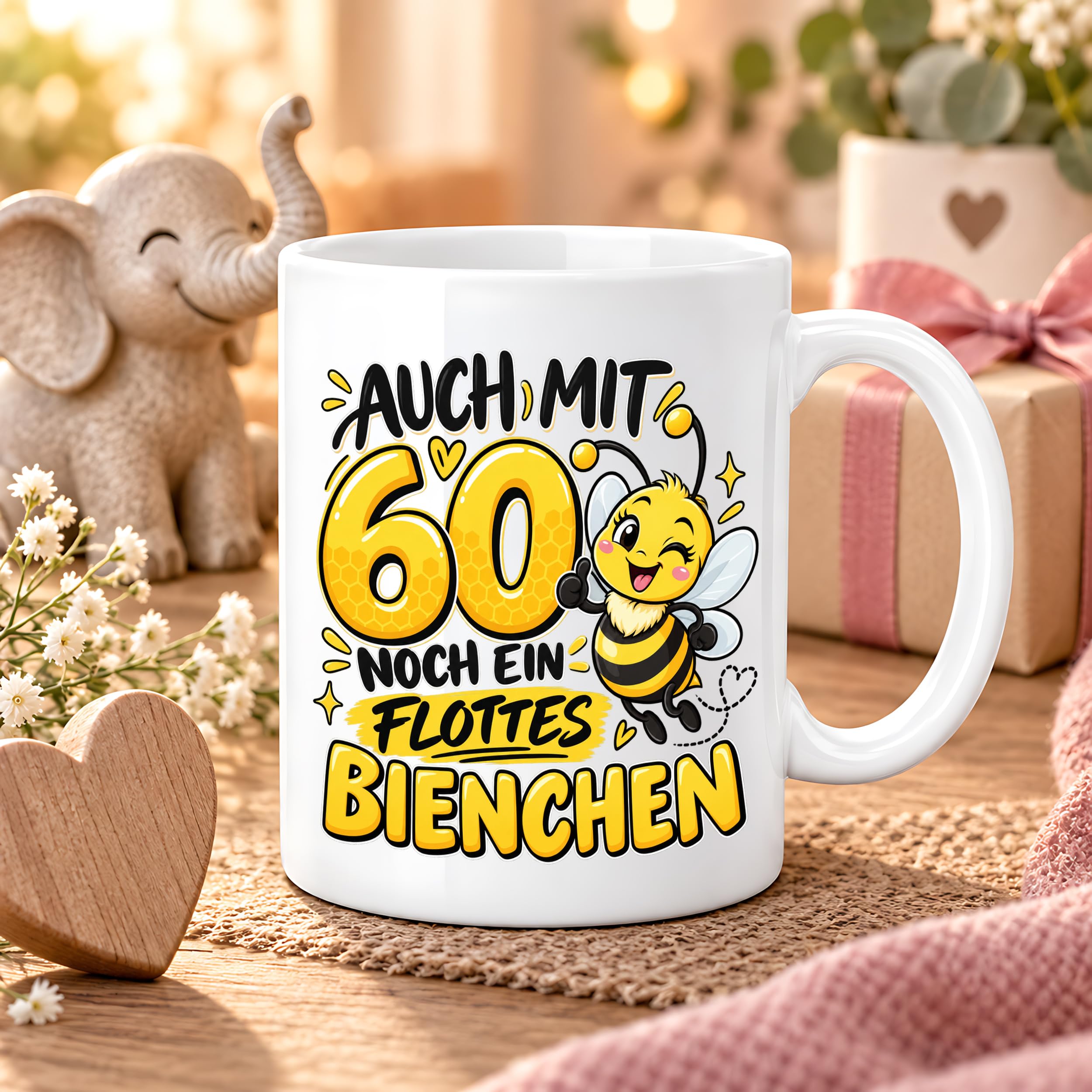 Herzbotschaft Tasse 60. Geburtstag Flottes Bienchen Geschenk für Frau