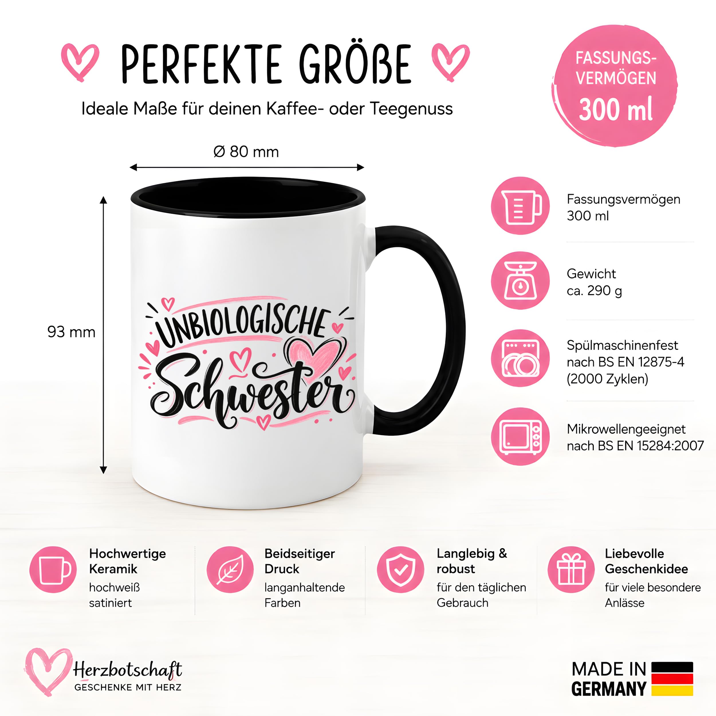 Herzbotschaft Tasse für beste Freundin Kaffeetasse Unbiologische Schwester