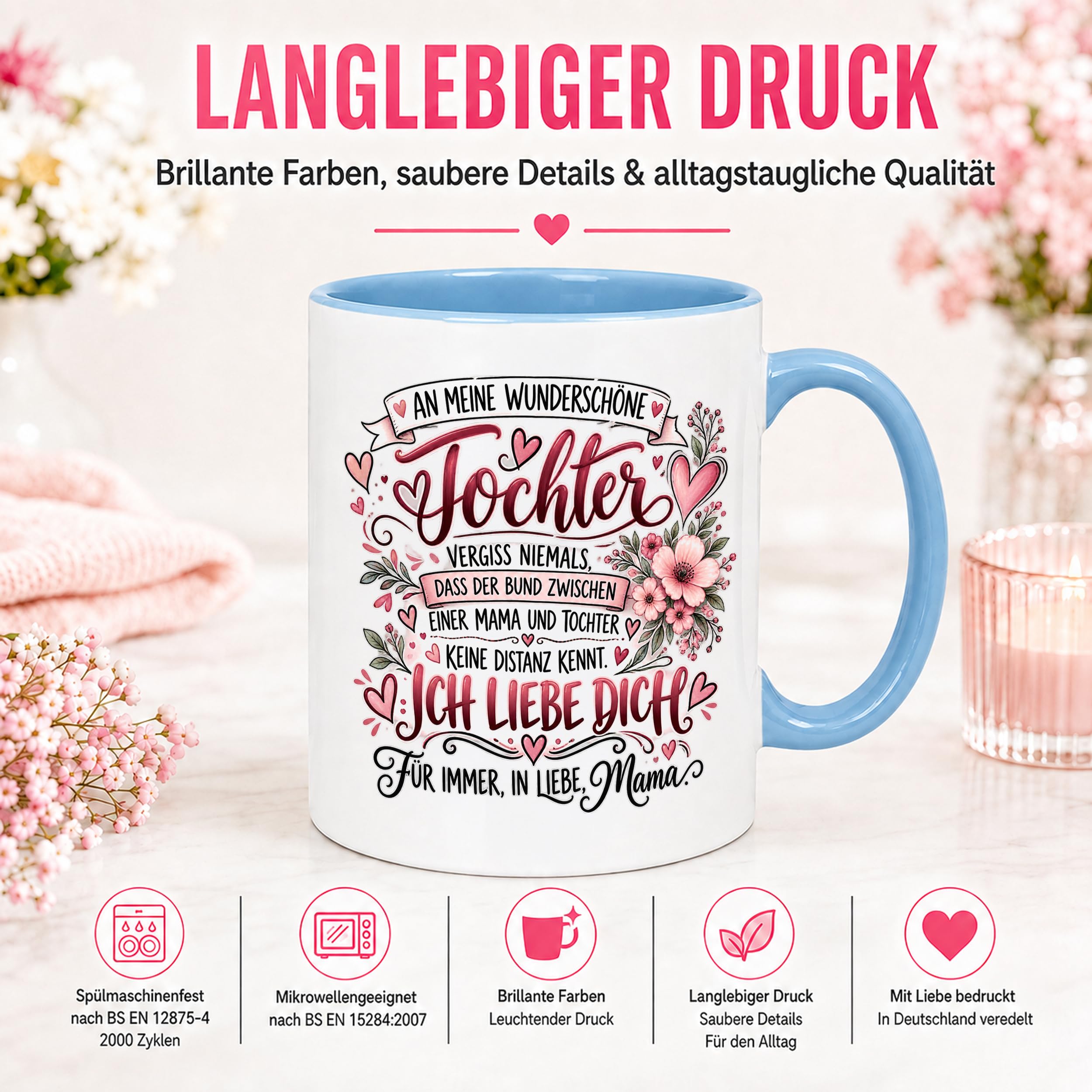 Herzbotschaft Tochter Tasse Geschenk von Mama Kaffeetasse hübsche Tochter