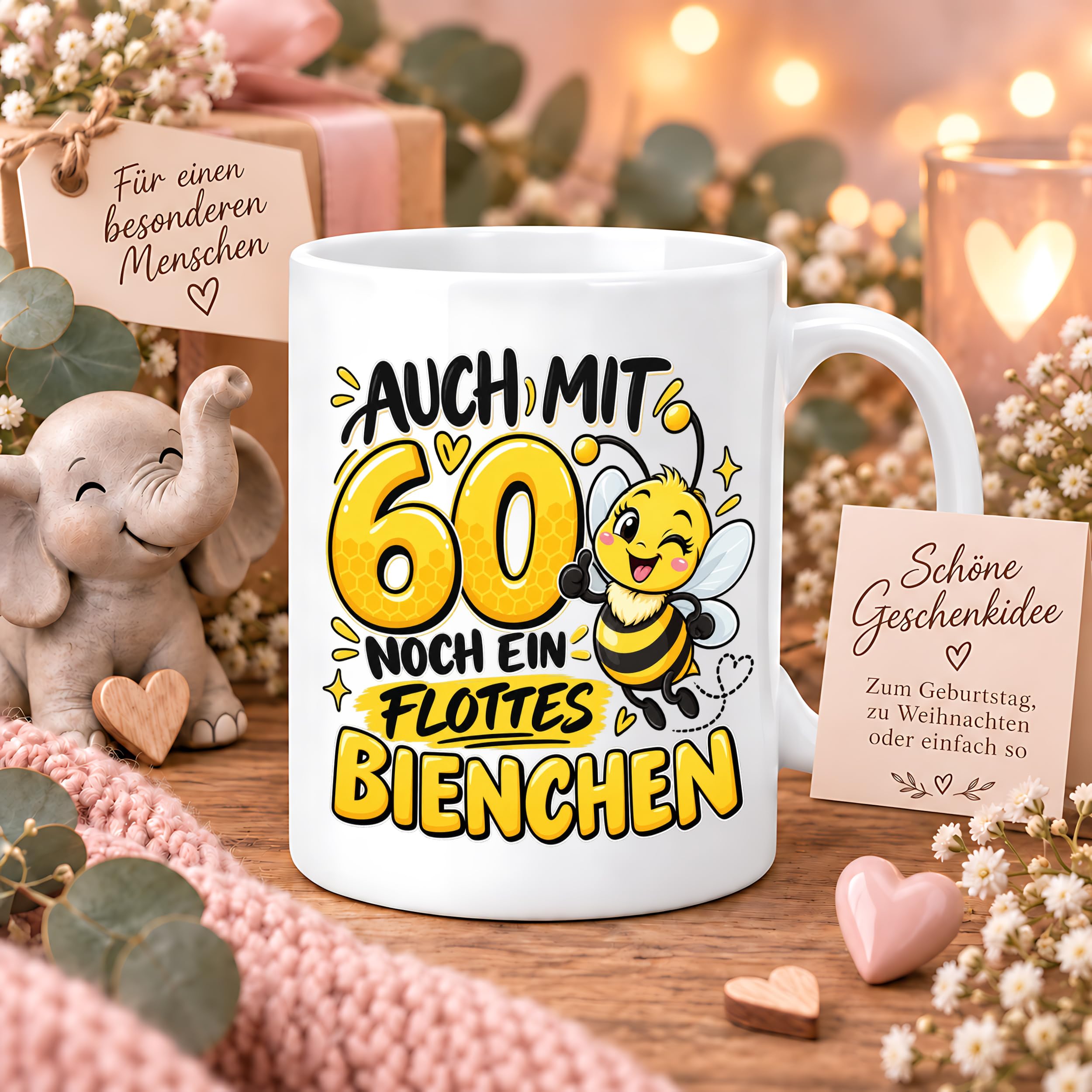 Herzbotschaft Tasse 60. Geburtstag Flottes Bienchen Geschenk für Frau