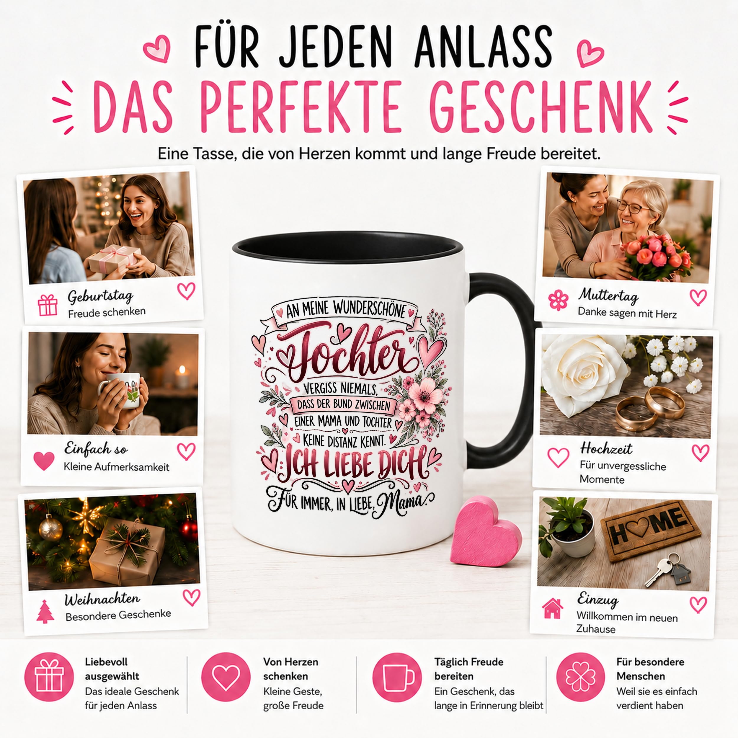 Herzbotschaft Tochter Tasse Geschenk von Mama Kaffeetasse hübsche Tochter
