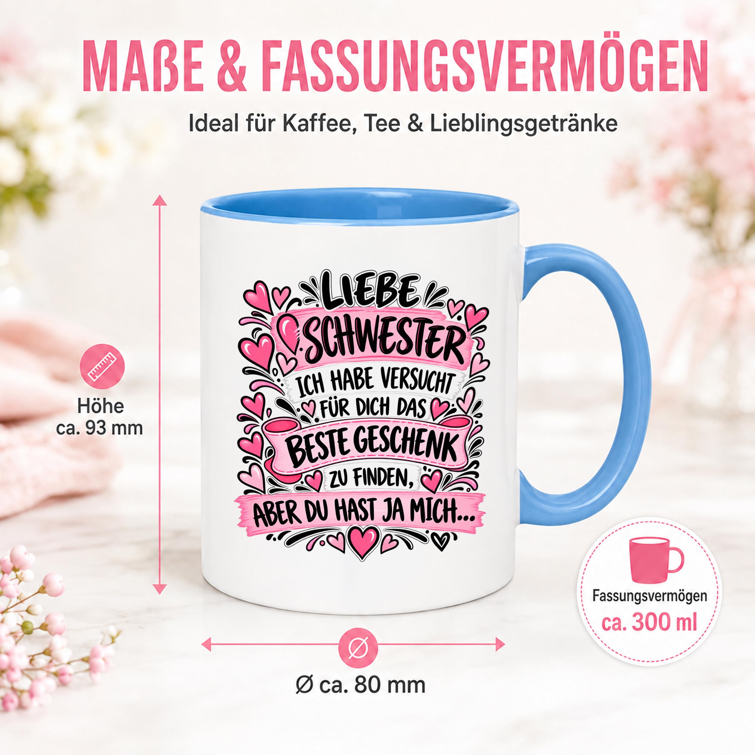 Herzbotschaft Tasse Geschenk Beste Schwester Kaffeetasse Geschwister