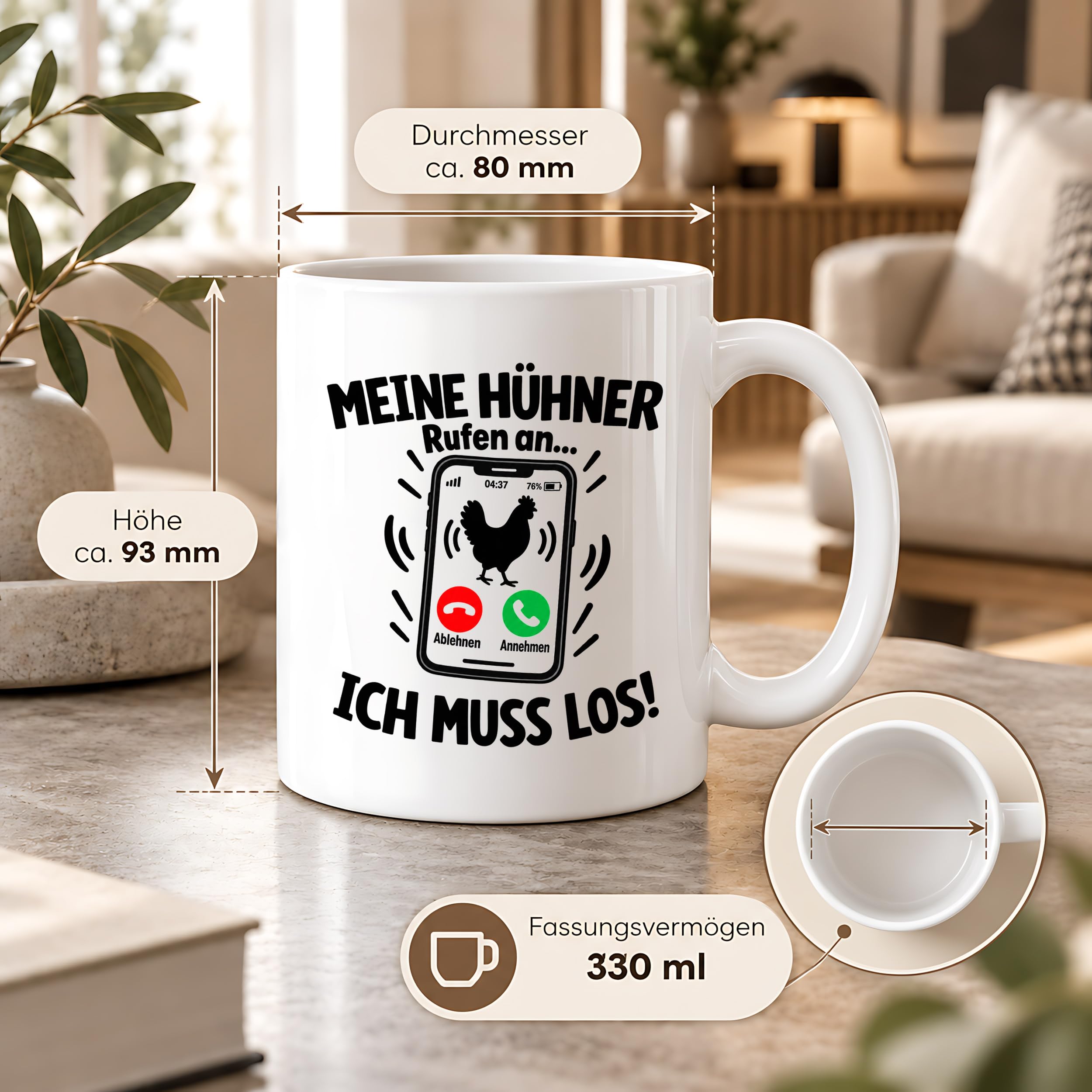Herzbotschaft Kaffeetasse Meine Hühner rufen an ich muss los Tasse Geschenk