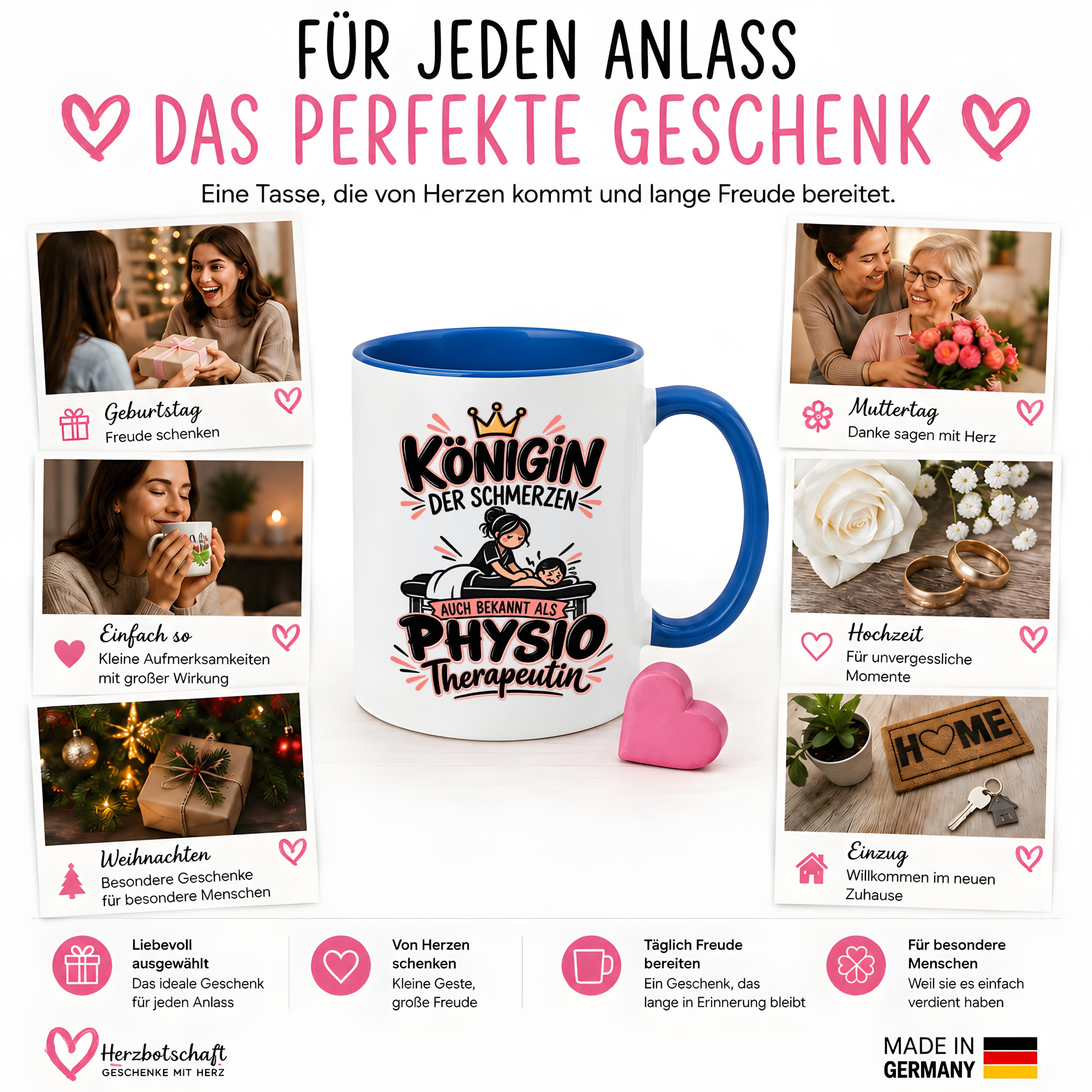 Herzbotschaft Tasse Physiotherapeutin Königin der Schmerzen Kaffeetasse