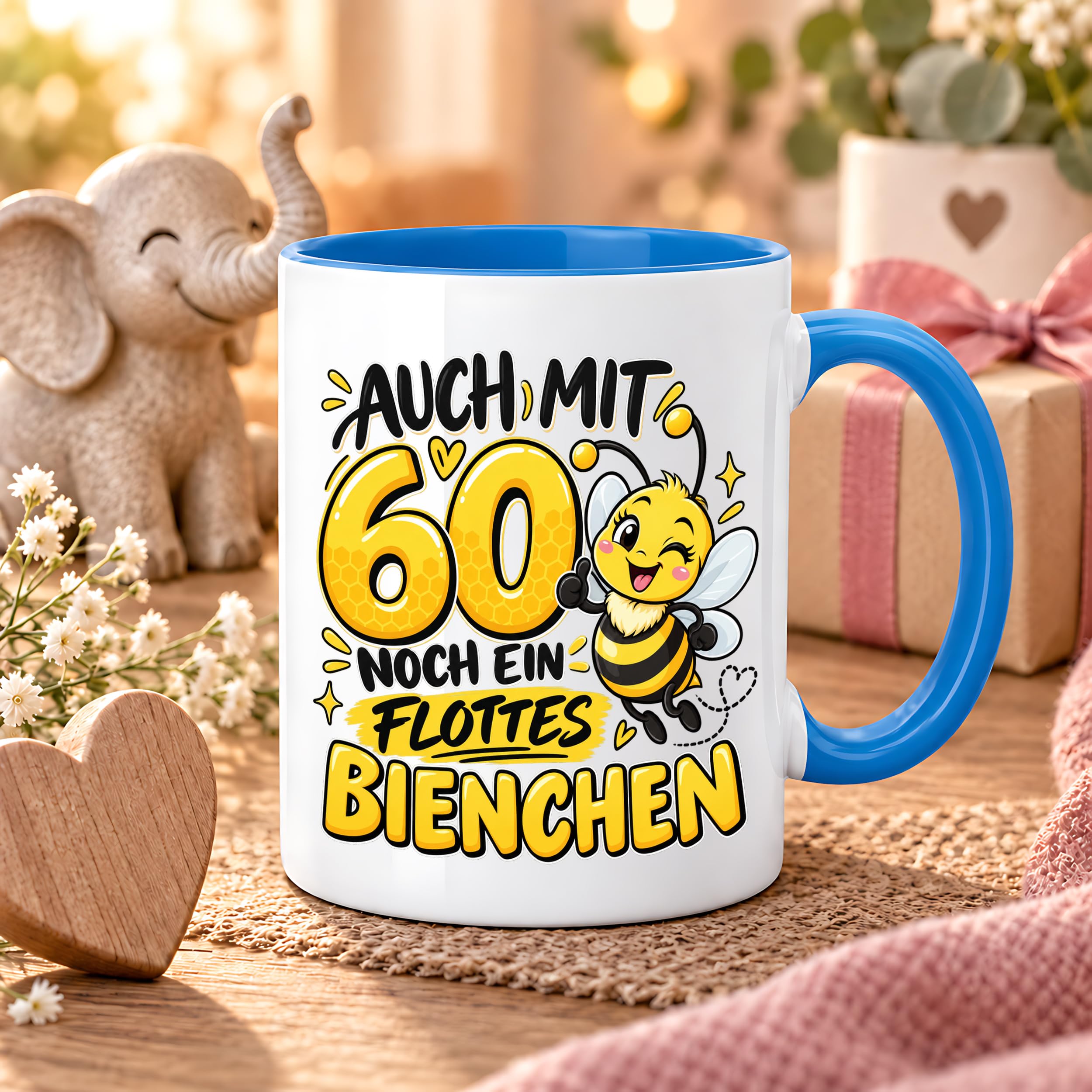 Herzbotschaft Tasse 60. Geburtstag Flottes Bienchen Geschenk für Frau