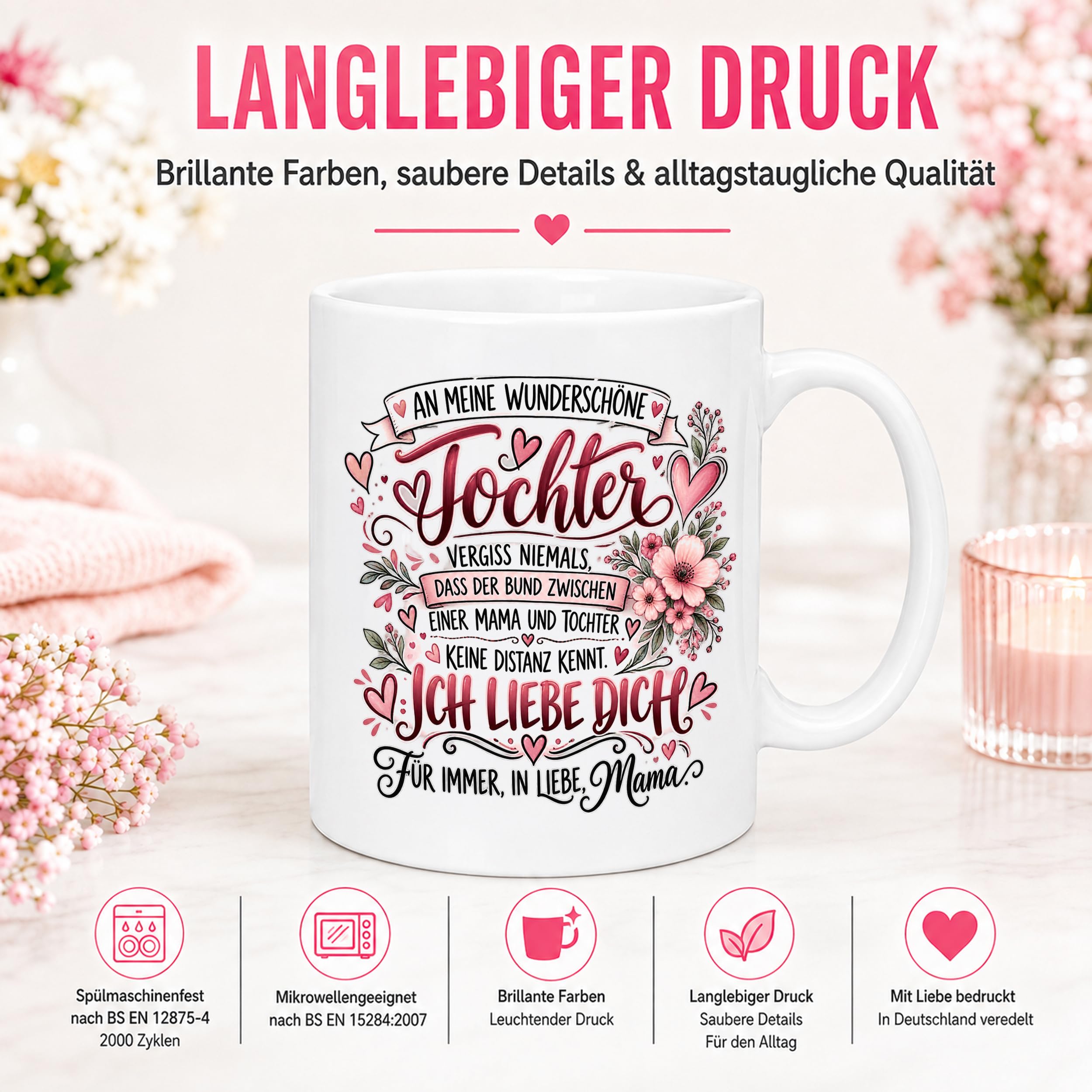 Herzbotschaft Tochter Tasse Geschenk von Mama Kaffeetasse hübsche Tochter