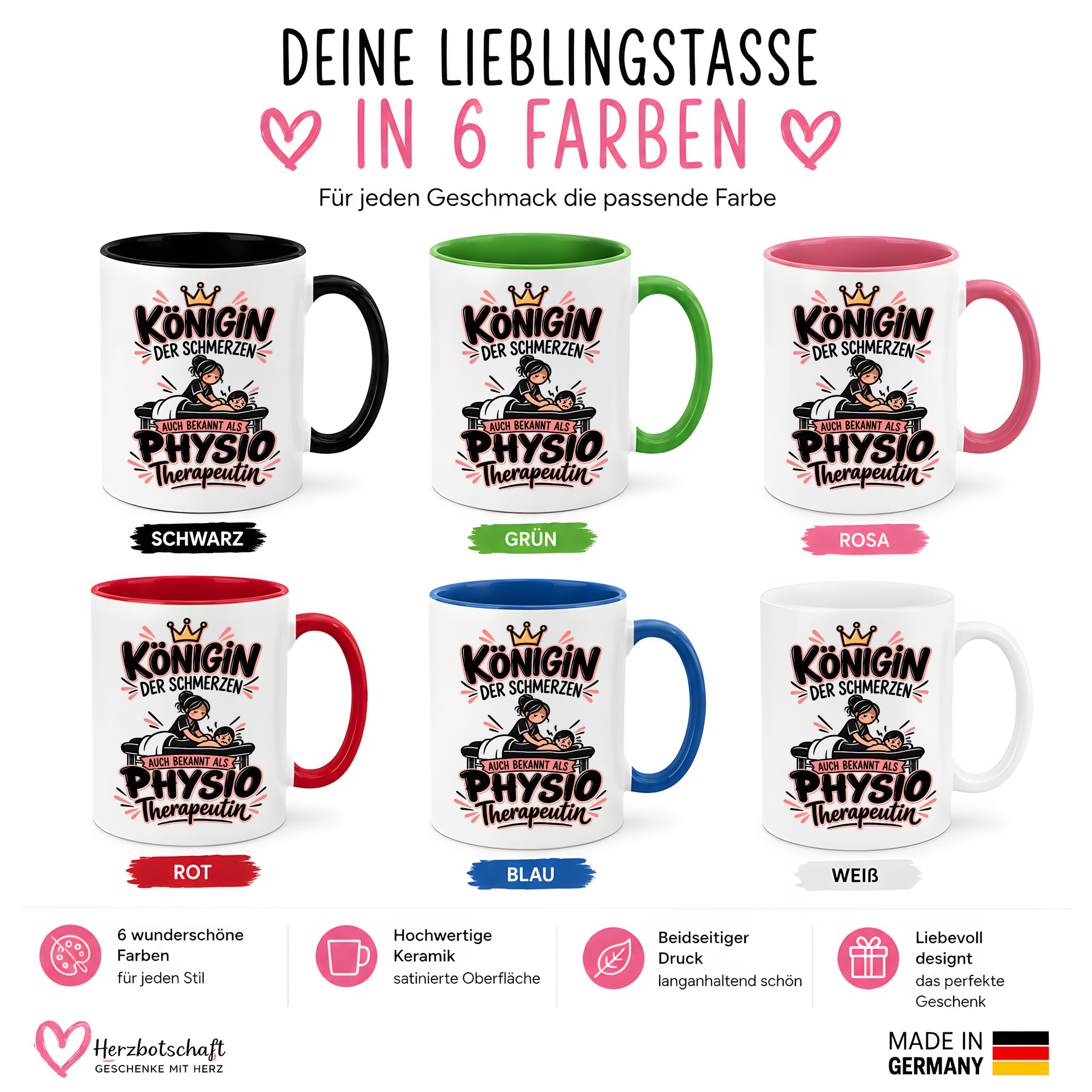 Herzbotschaft Tasse Physiotherapeutin Königin der Schmerzen Kaffeetasse