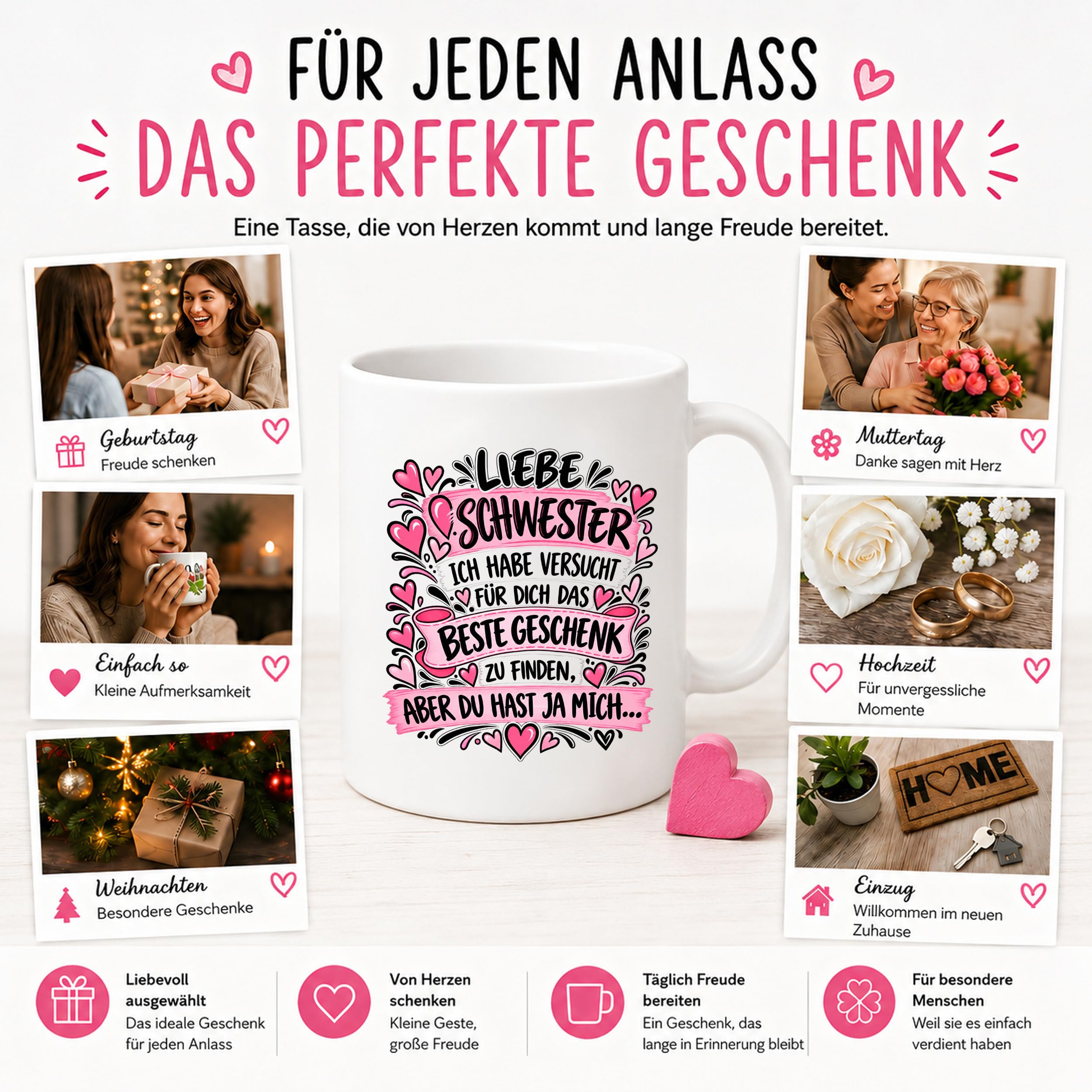 Herzbotschaft Tasse Geschenk Beste Schwester Kaffeetasse Geschwister