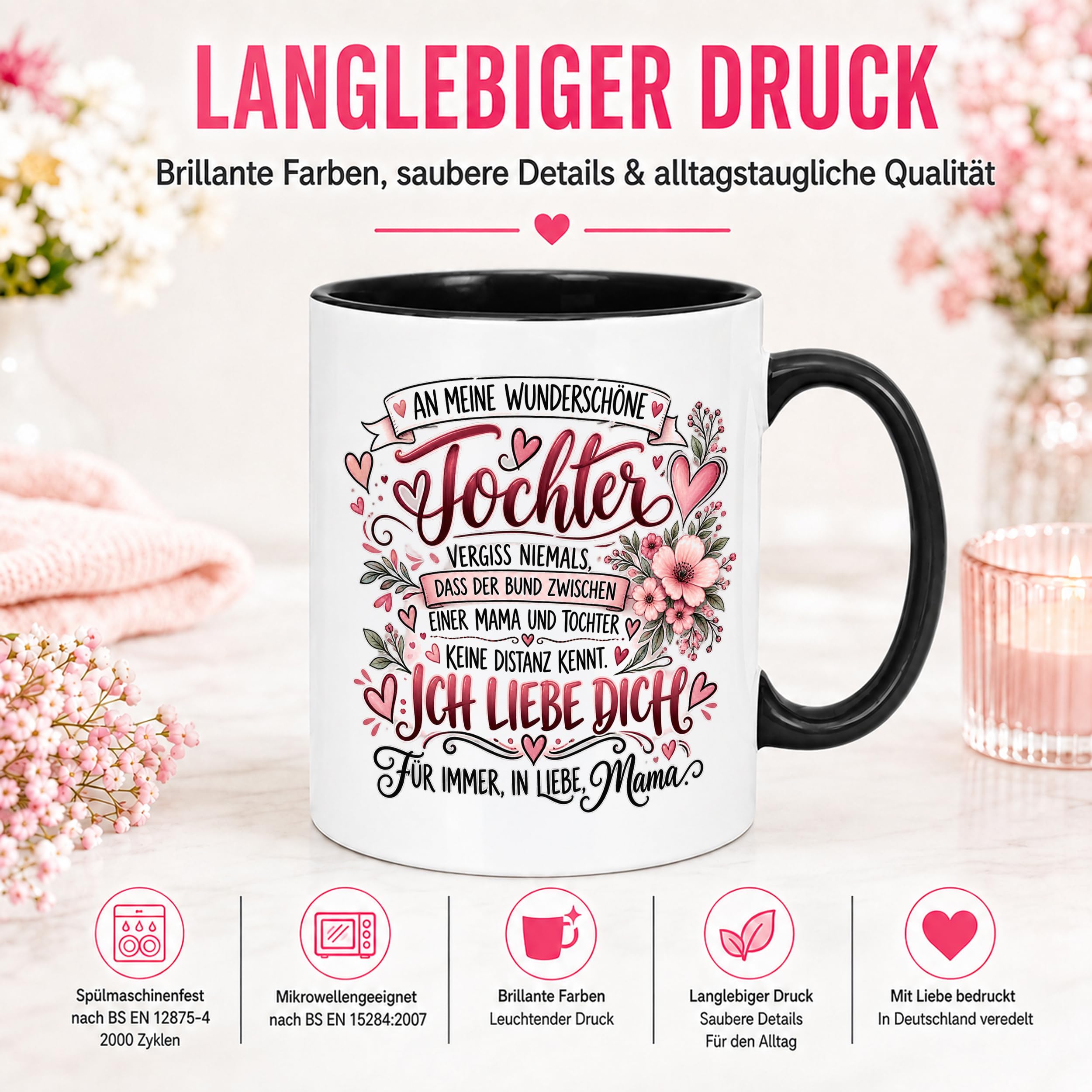 Herzbotschaft Tochter Tasse Geschenk von Mama Kaffeetasse hübsche Tochter