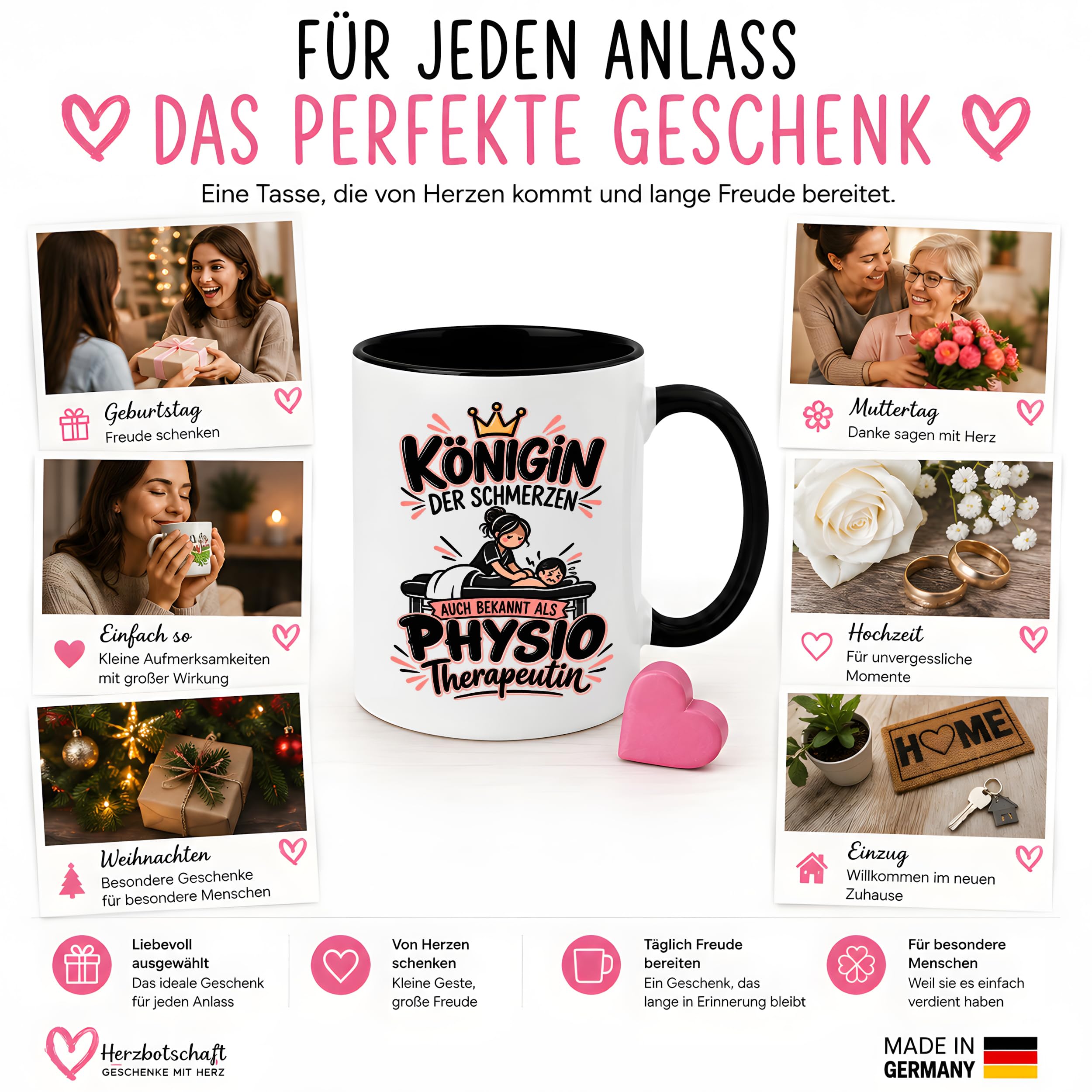 Herzbotschaft Tasse Physiotherapeutin Königin der Schmerzen Kaffeetasse