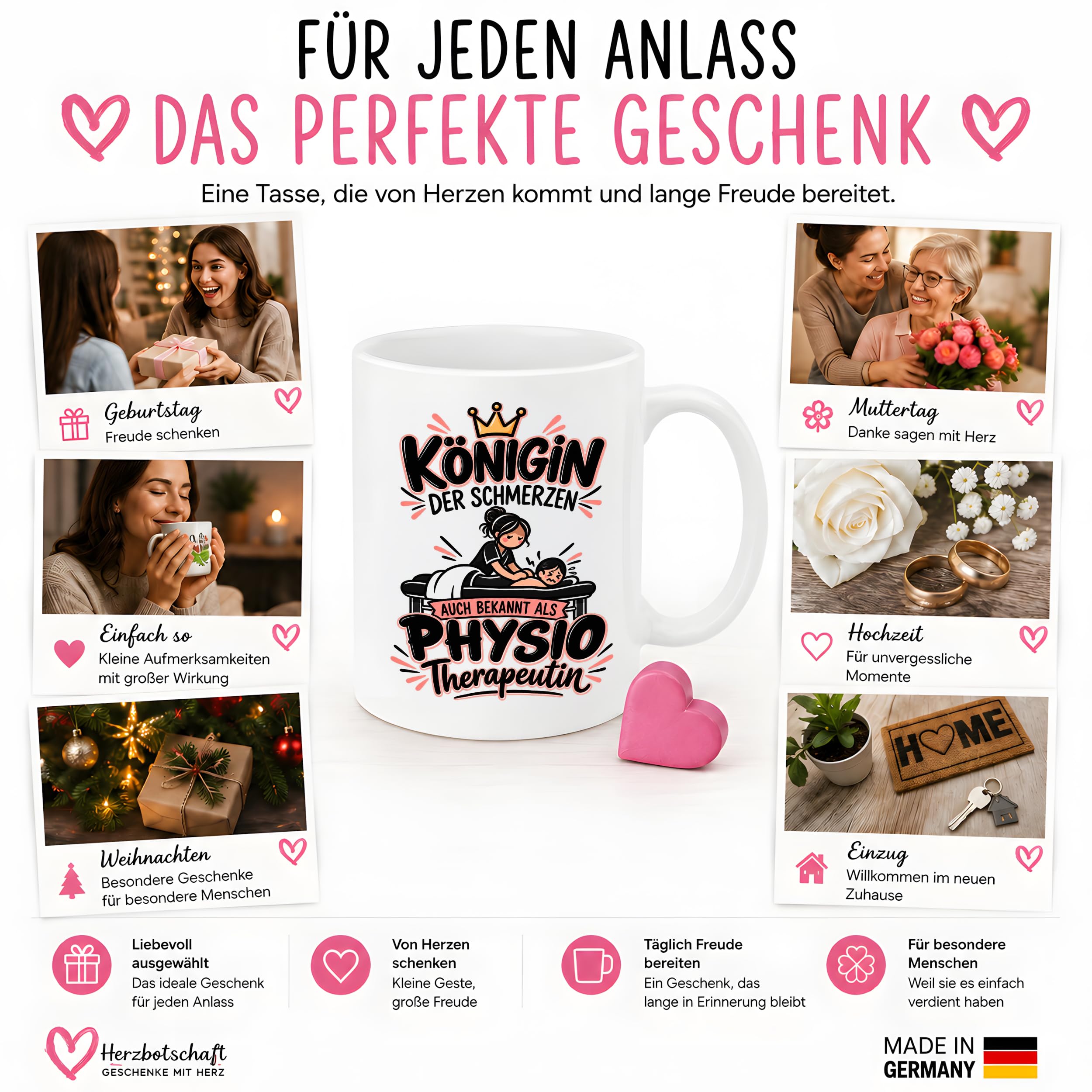 Herzbotschaft Tasse Physiotherapeutin Königin der Schmerzen Kaffeetasse