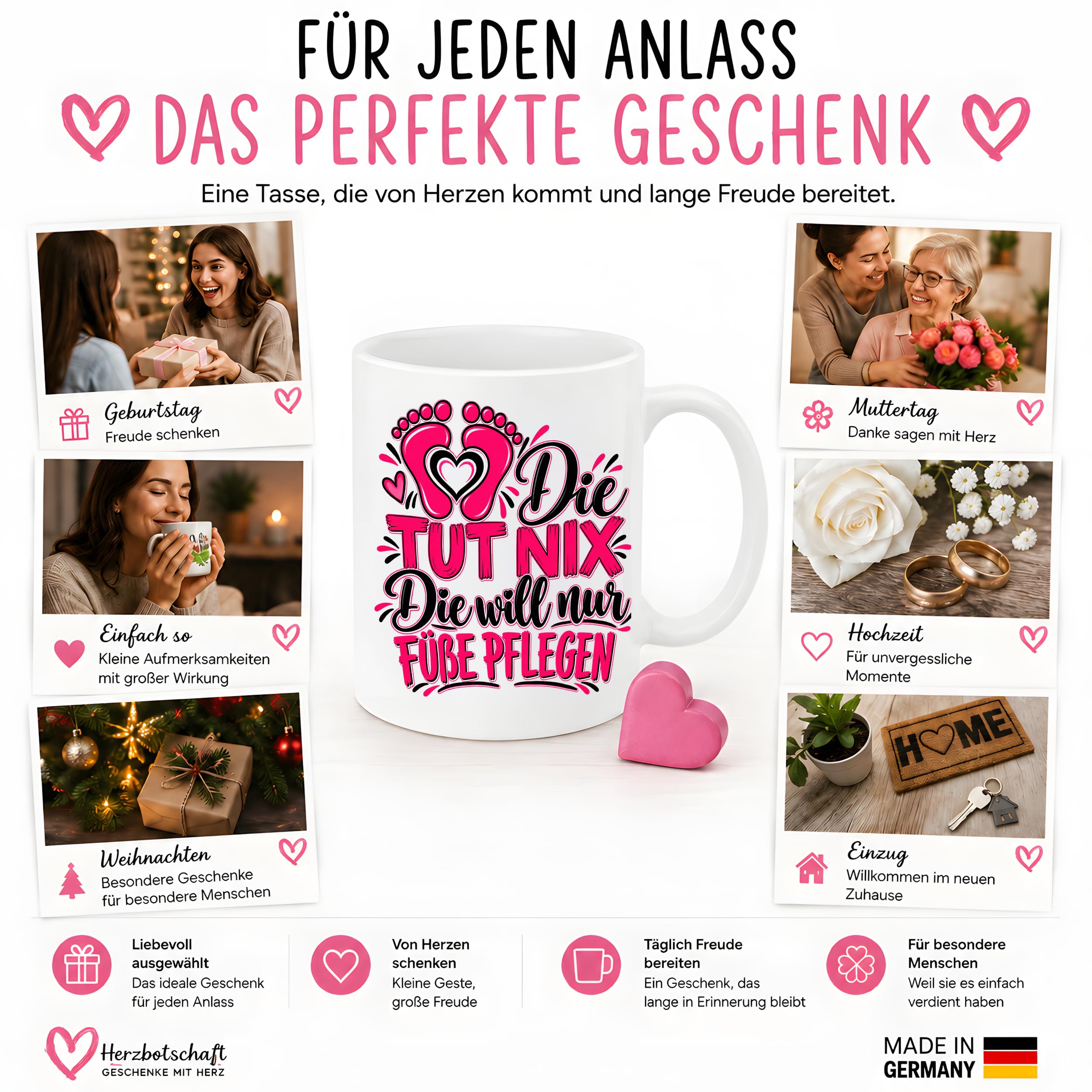 Herzbotschaft Tasse Fußpflege Kaffeetasse für Podologin mit lustigem Spruch
