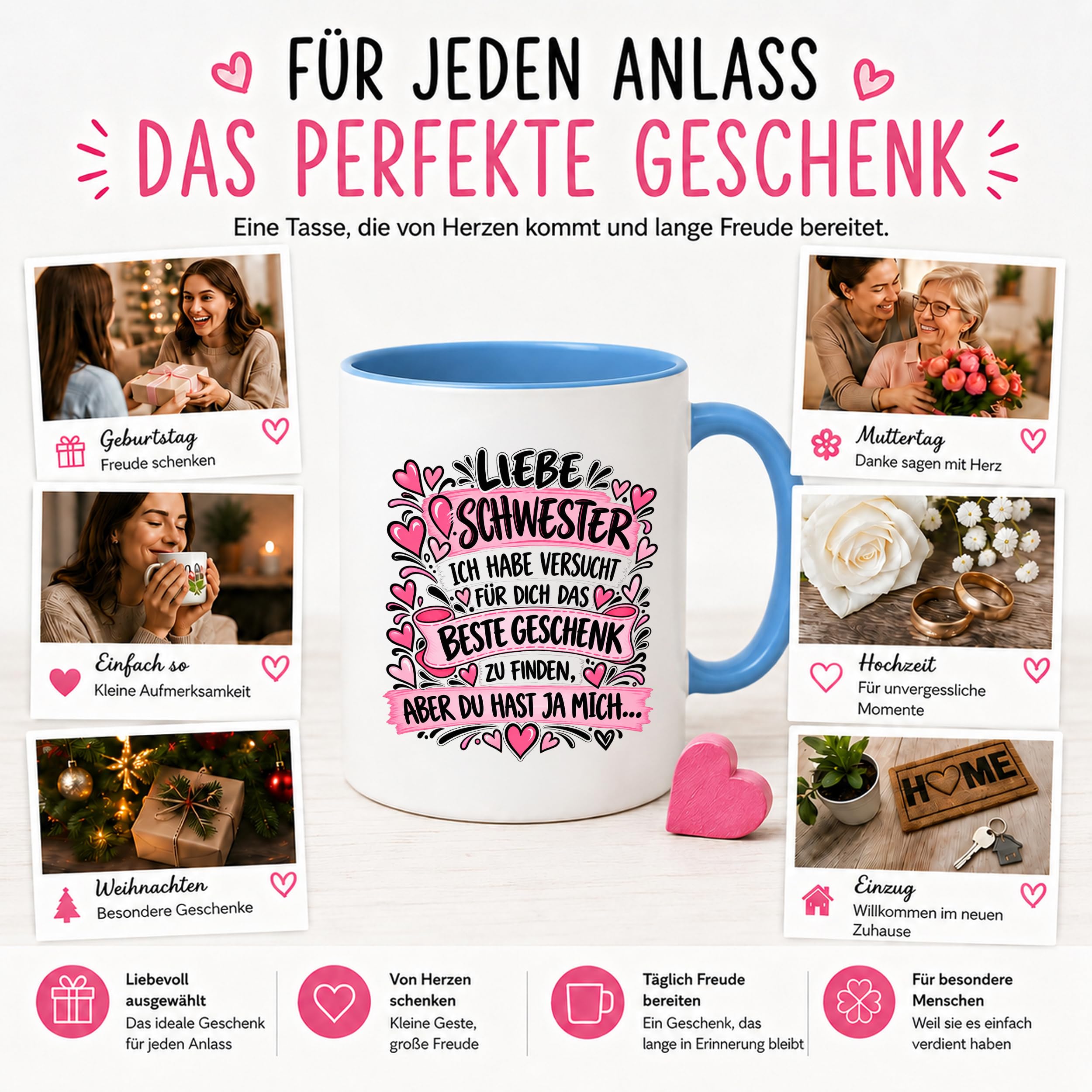 Herzbotschaft Tasse Geschenk Beste Schwester Kaffeetasse Geschwister