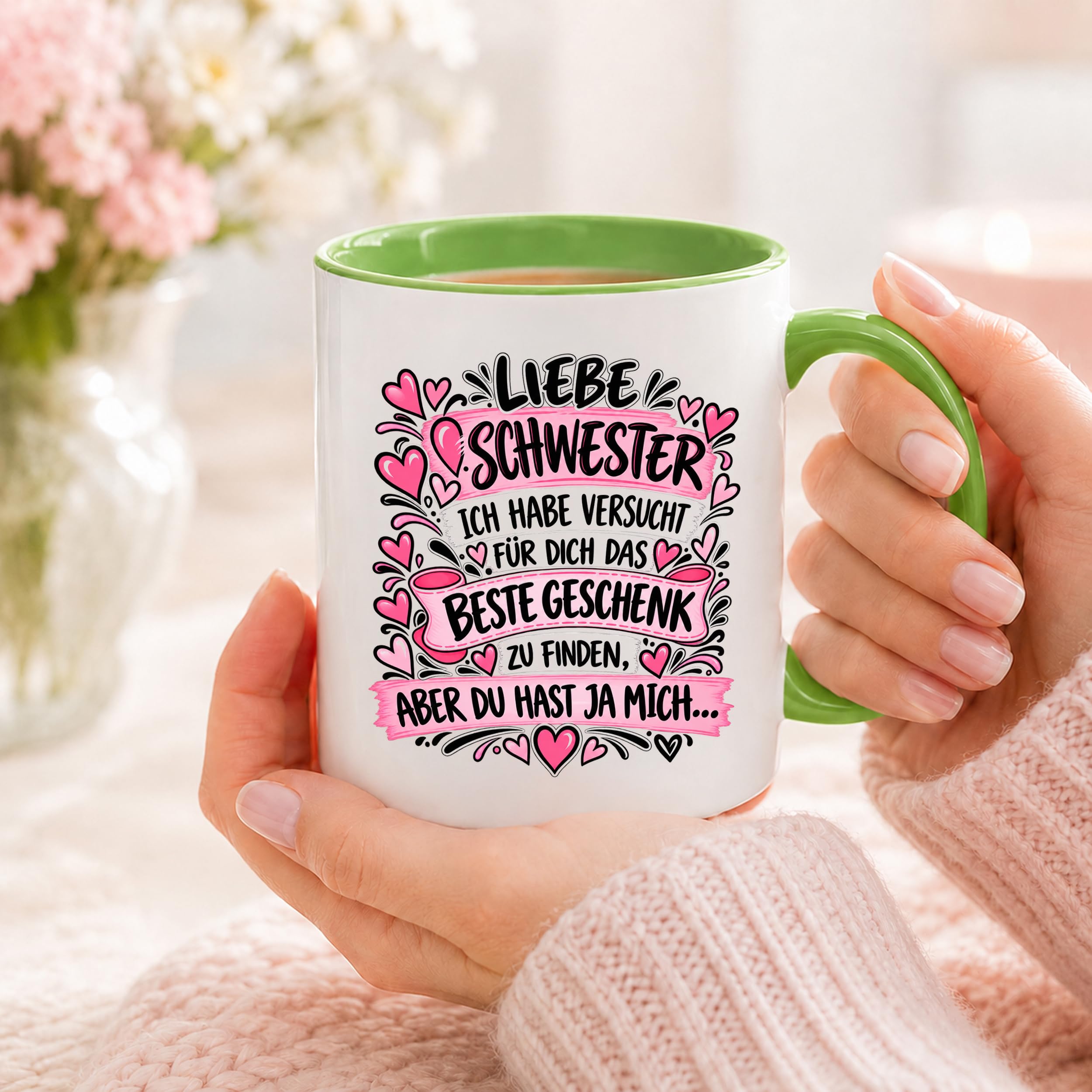 Herzbotschaft Tasse Geschenk Beste Schwester Kaffeetasse Geschwister