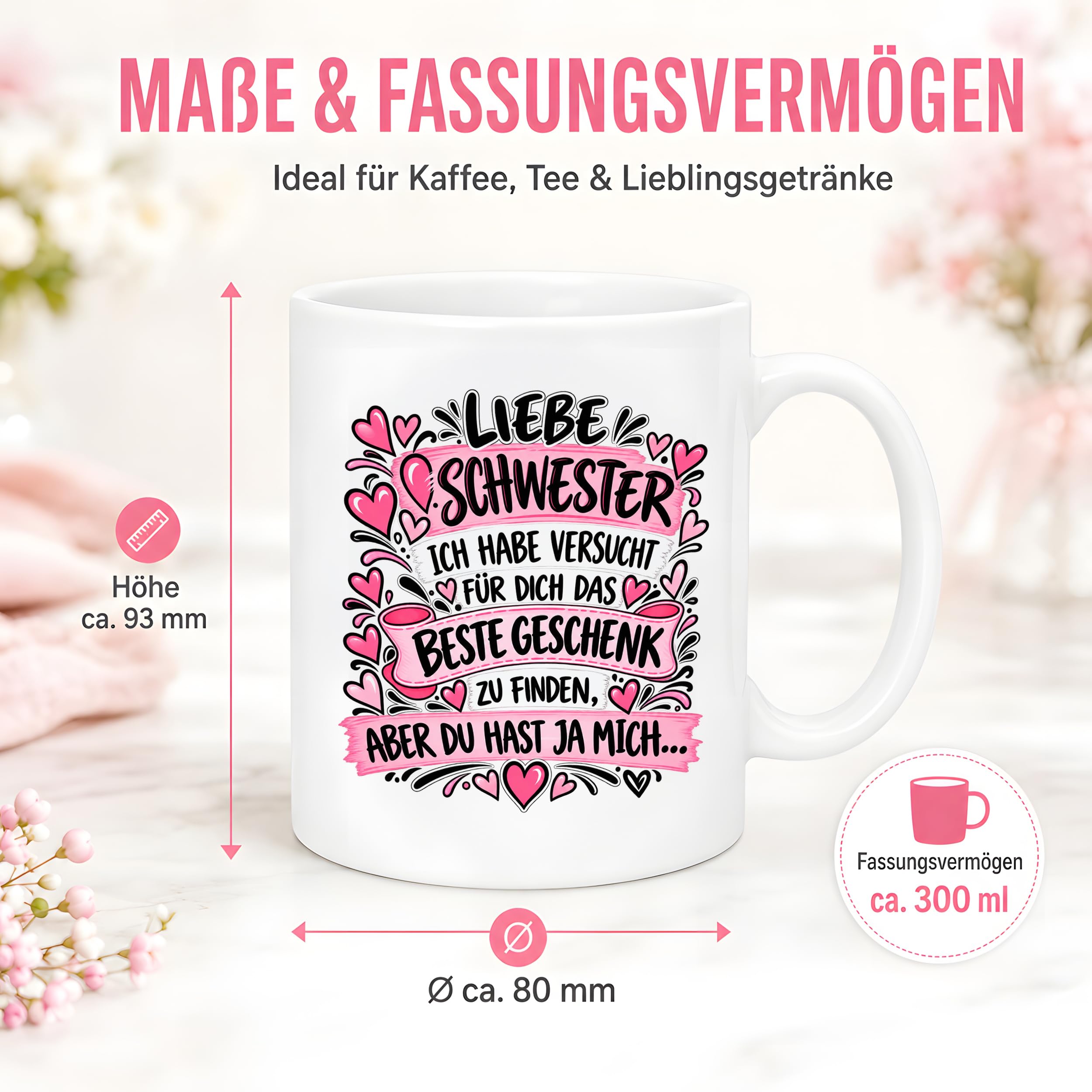 Herzbotschaft Tasse Geschenk Beste Schwester Kaffeetasse Geschwister