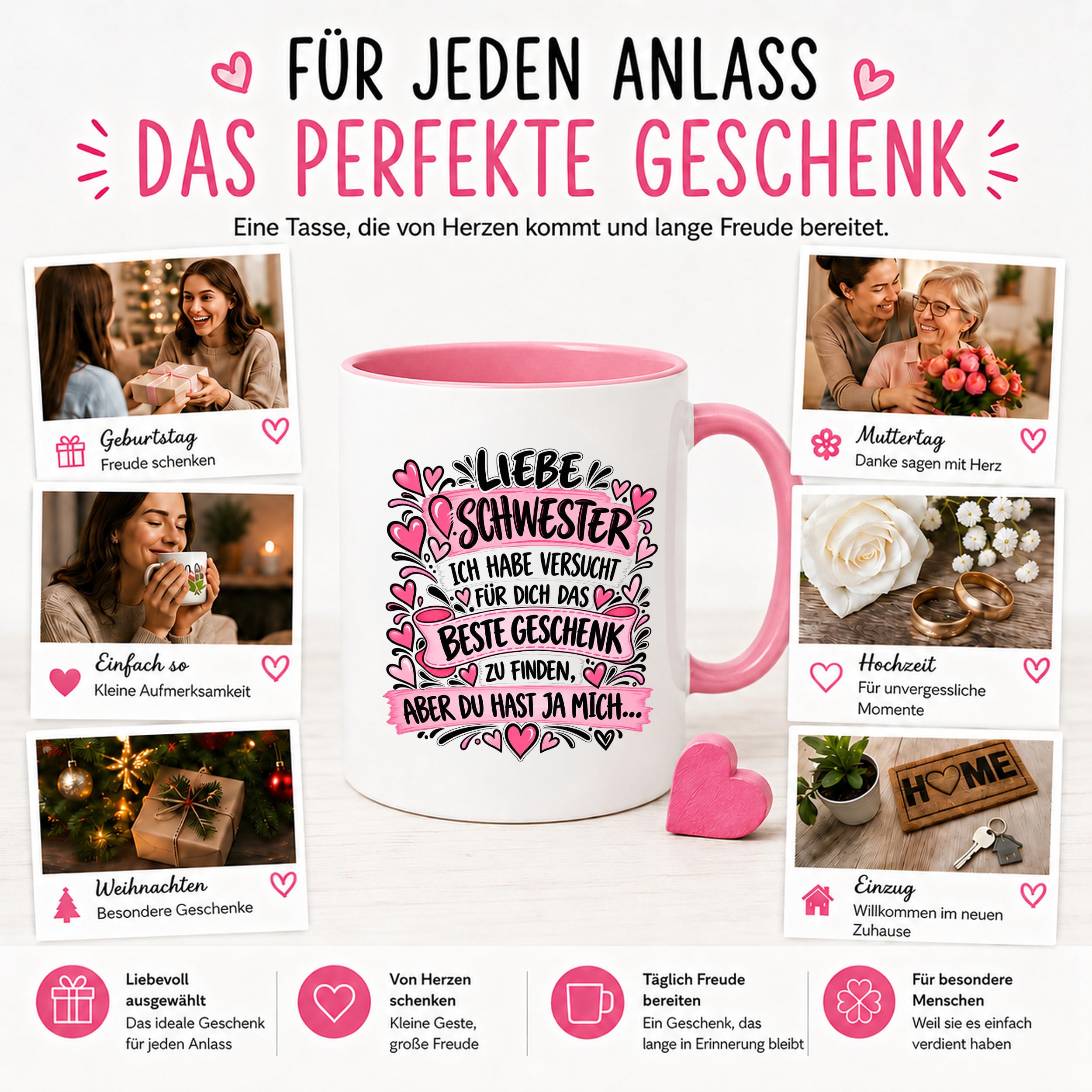 Herzbotschaft Tasse Geschenk Beste Schwester Kaffeetasse Geschwister