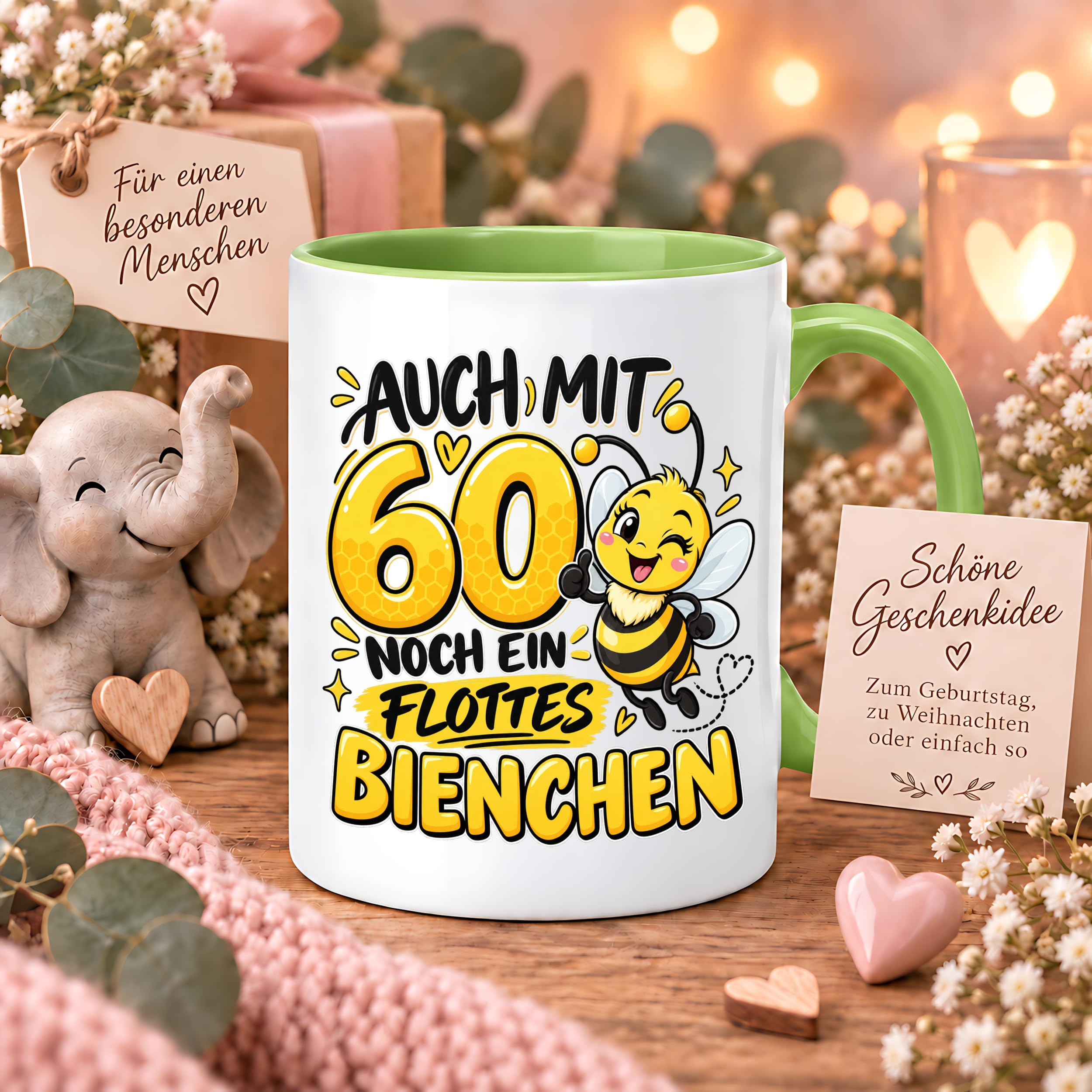 Herzbotschaft Tasse 60. Geburtstag Flottes Bienchen Geschenk für Frau