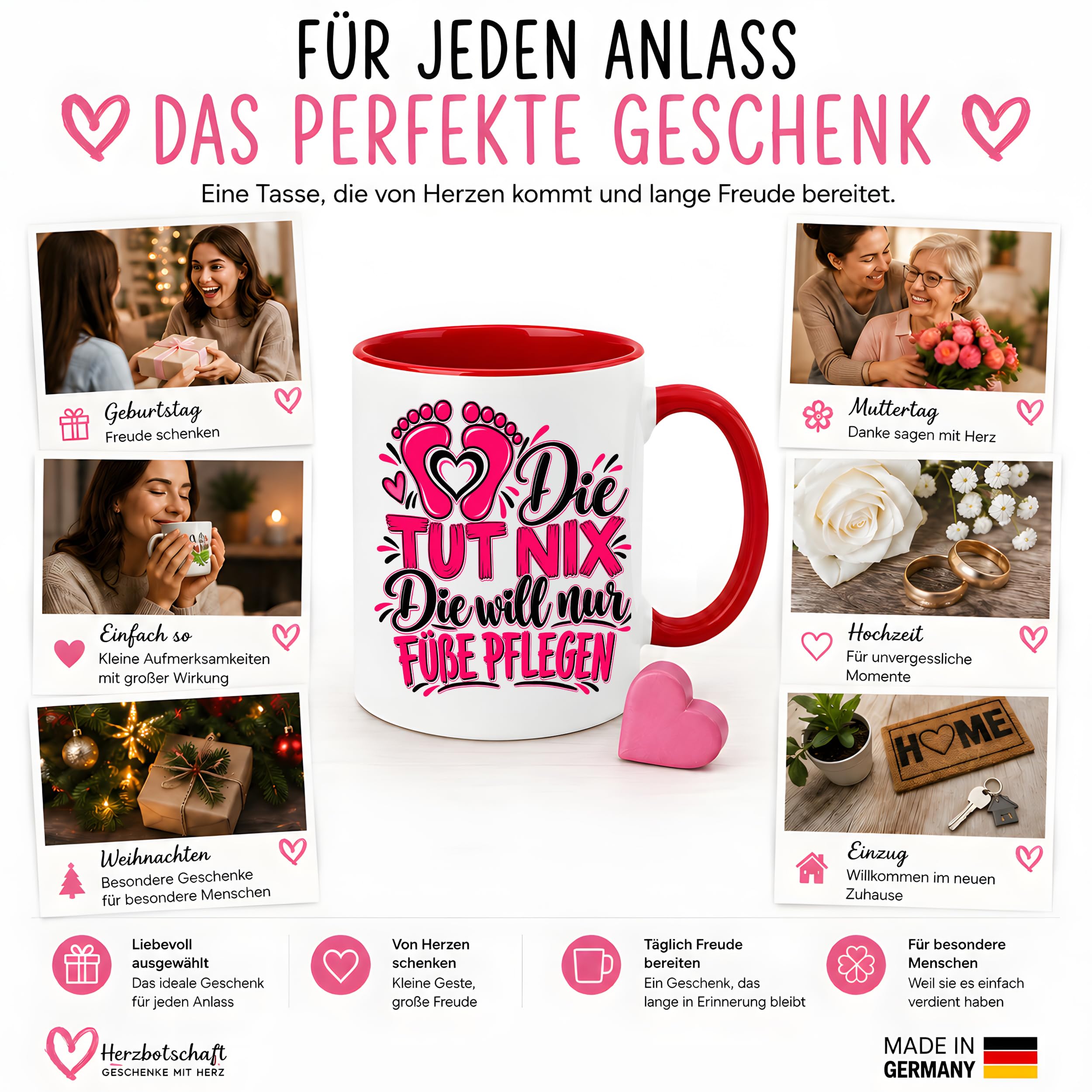 Herzbotschaft Tasse Fußpflege Kaffeetasse für Podologin mit lustigem Spruch