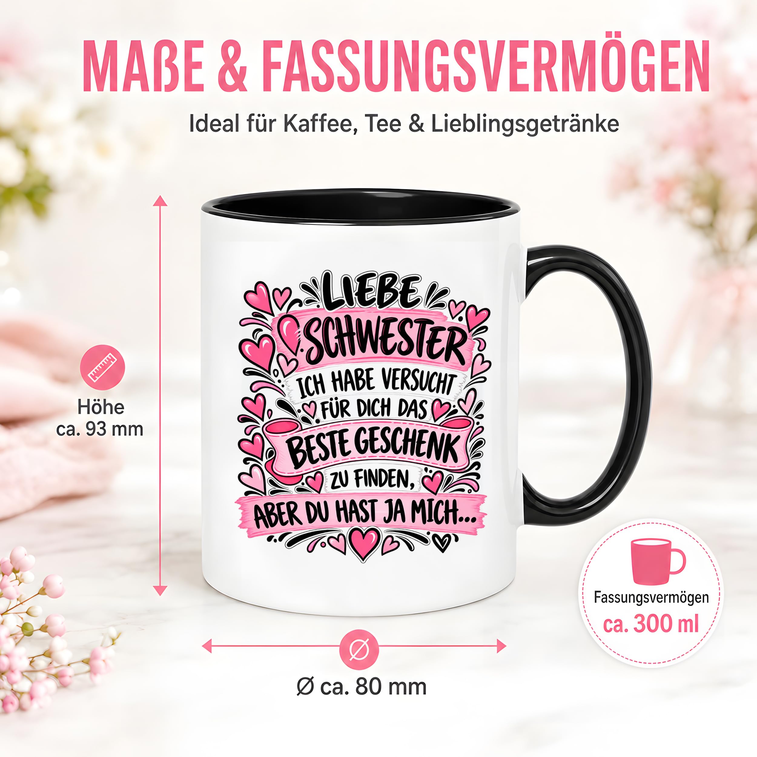 Herzbotschaft Tasse Geschenk Beste Schwester Kaffeetasse Geschwister