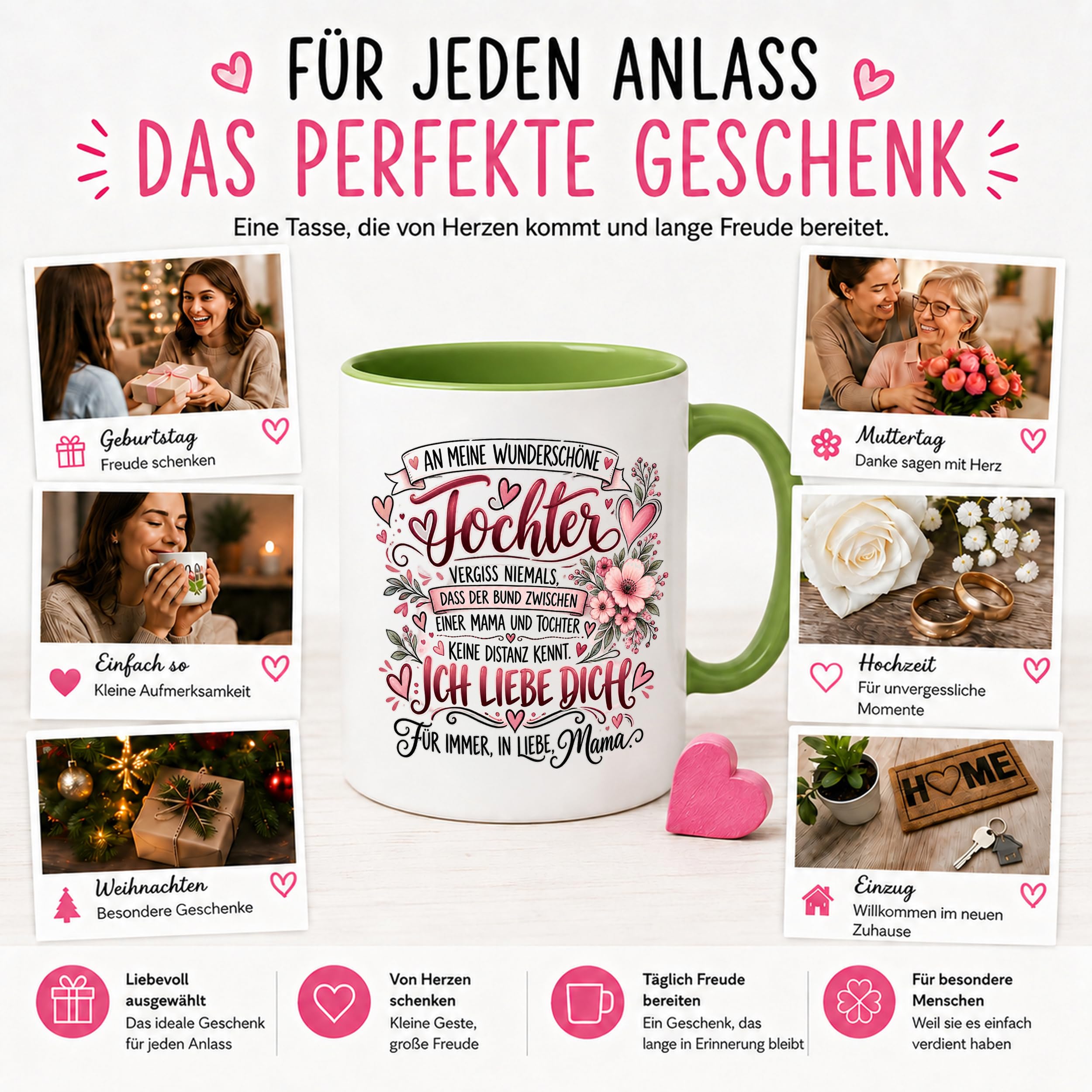 Herzbotschaft Tochter Tasse Geschenk von Mama Kaffeetasse hübsche Tochter