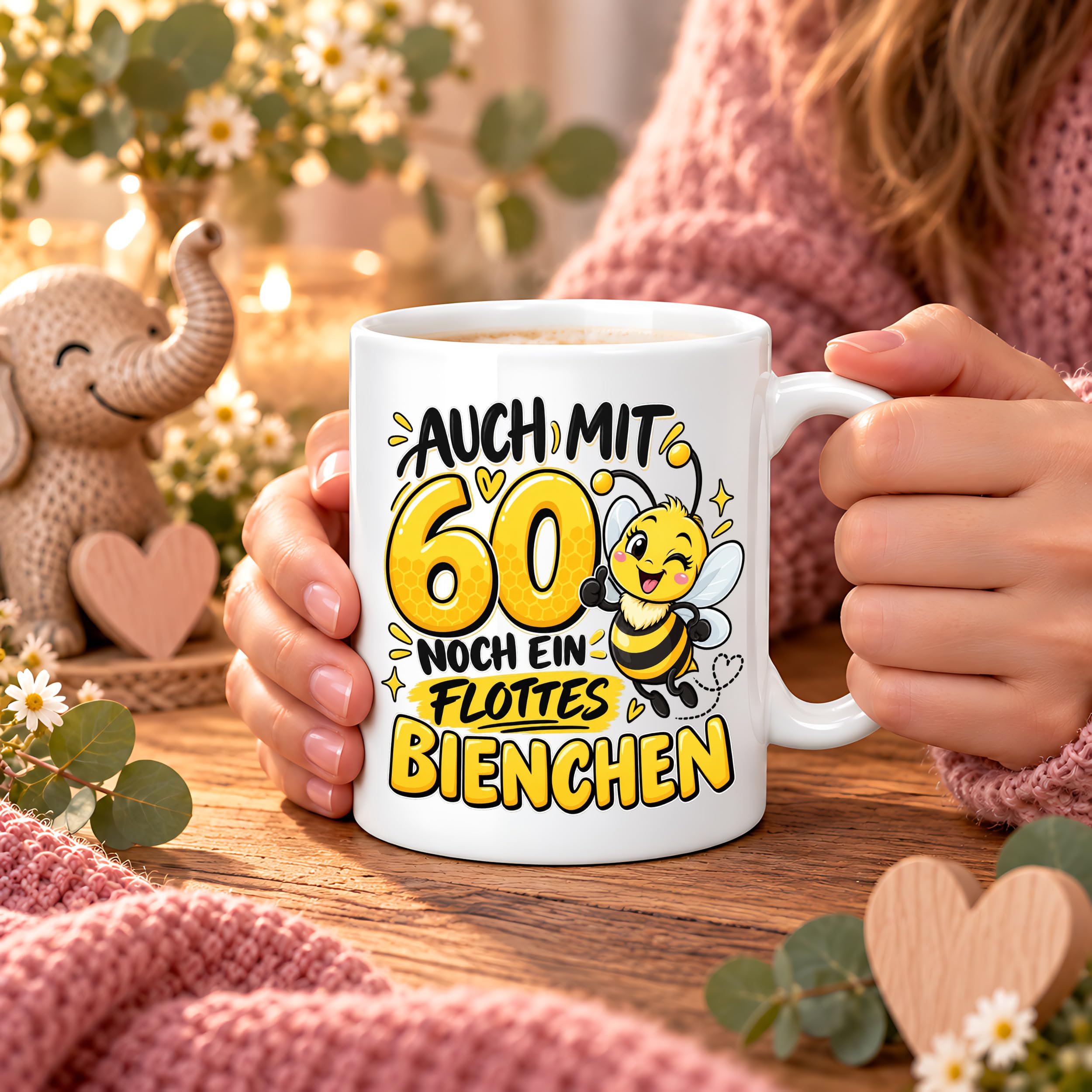 Herzbotschaft Tasse 60. Geburtstag Flottes Bienchen Geschenk für Frau
