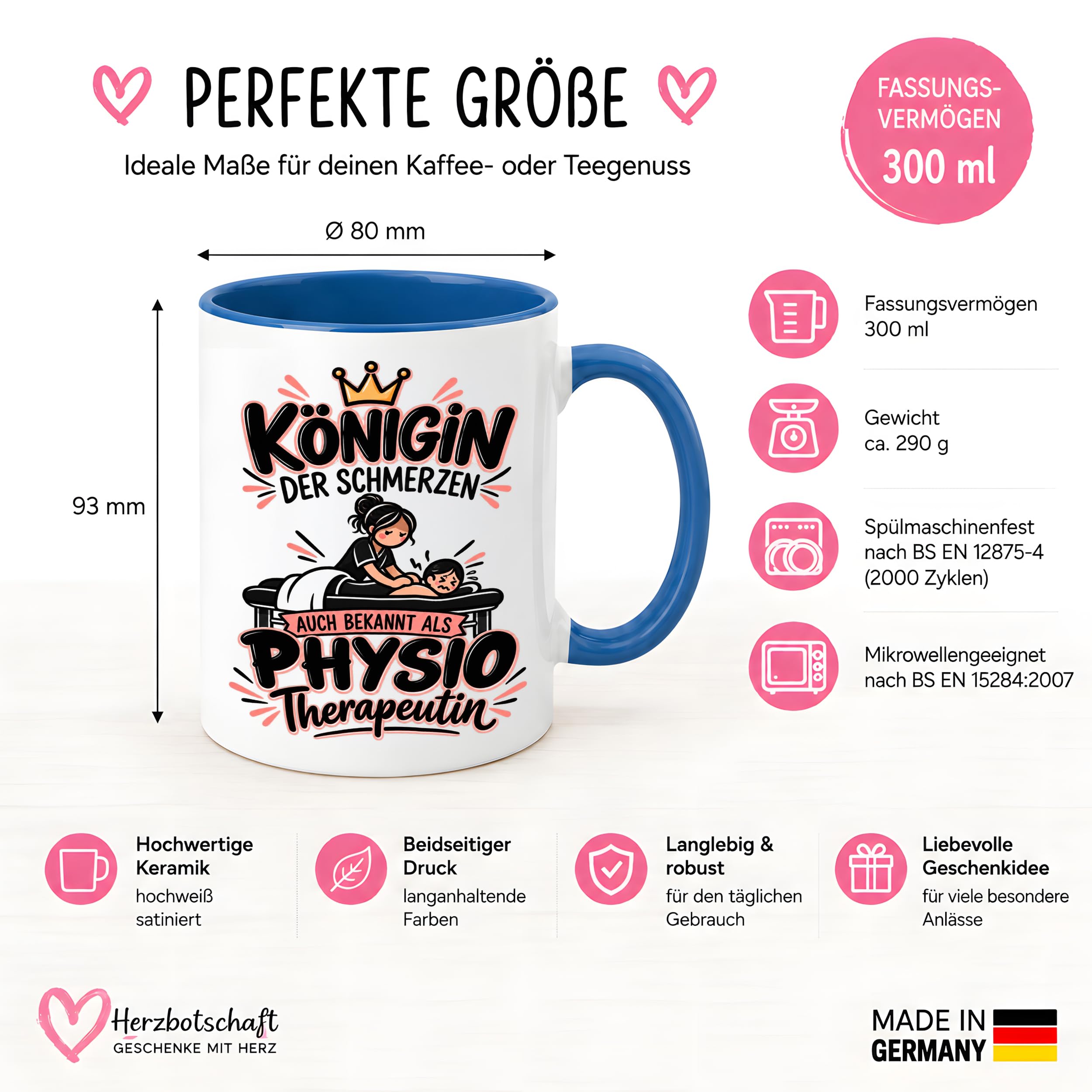 Herzbotschaft Tasse Physiotherapeutin Königin der Schmerzen Kaffeetasse