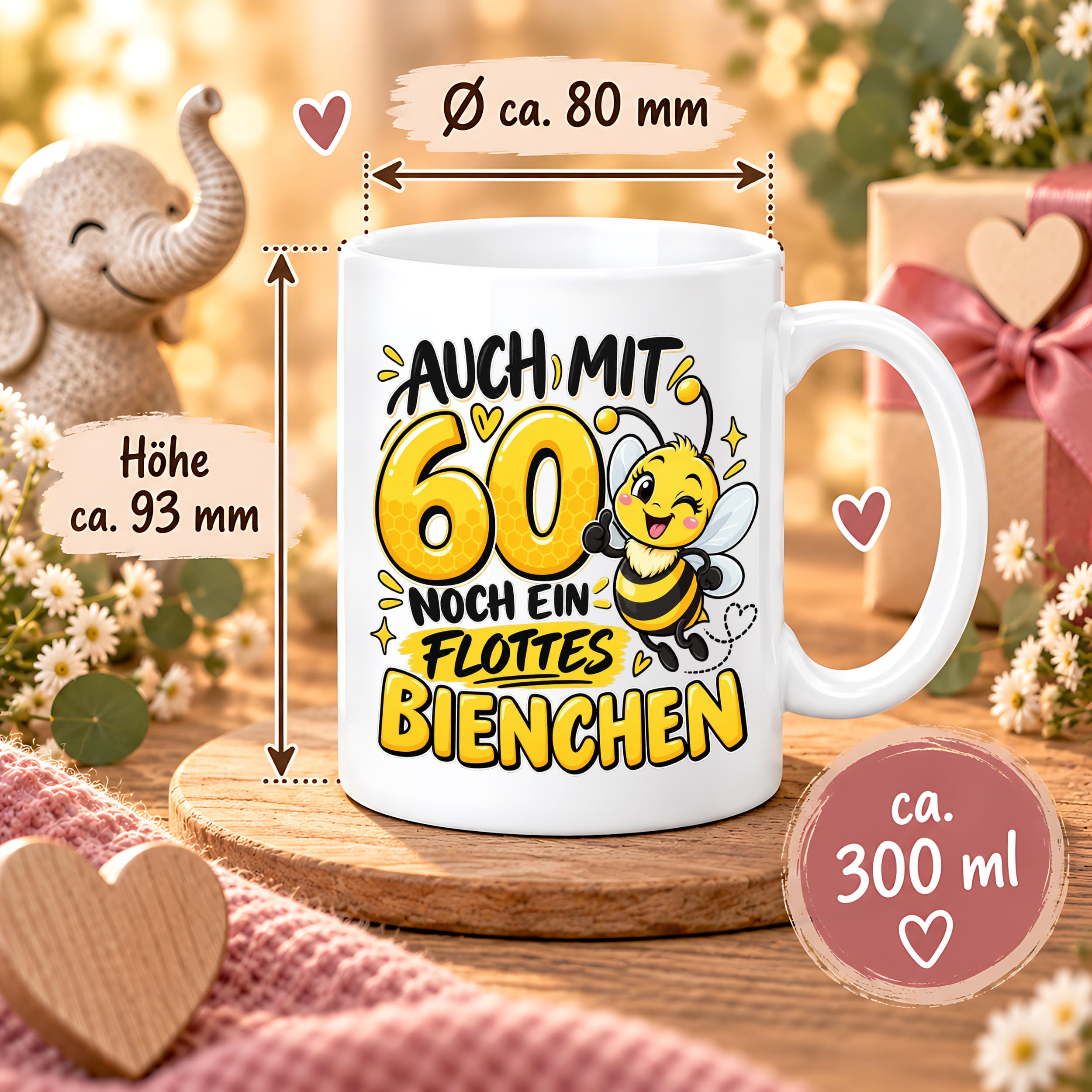 Herzbotschaft Tasse 60. Geburtstag Flottes Bienchen Geschenk für Frau