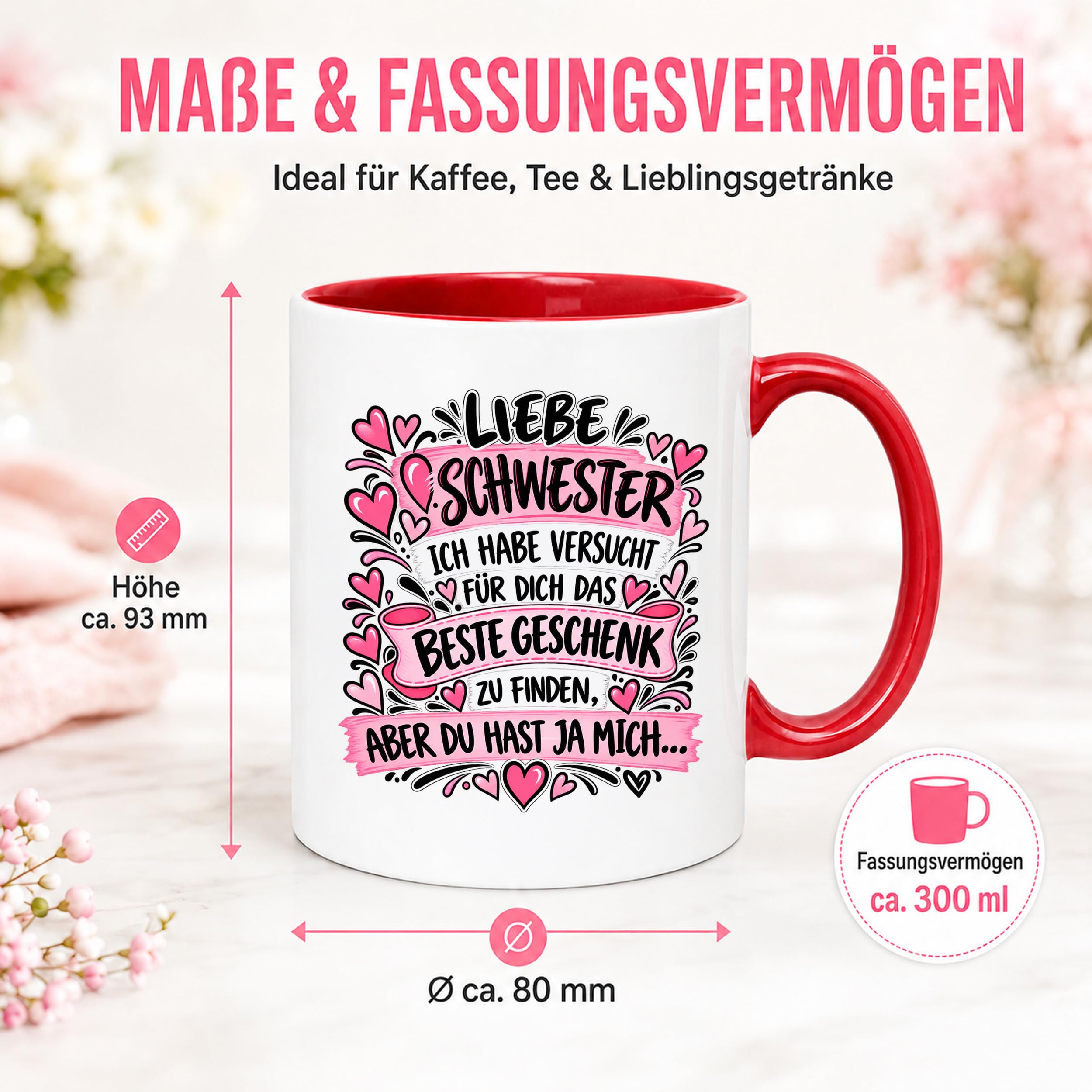 Herzbotschaft Tasse Geschenk Beste Schwester Kaffeetasse Geschwister