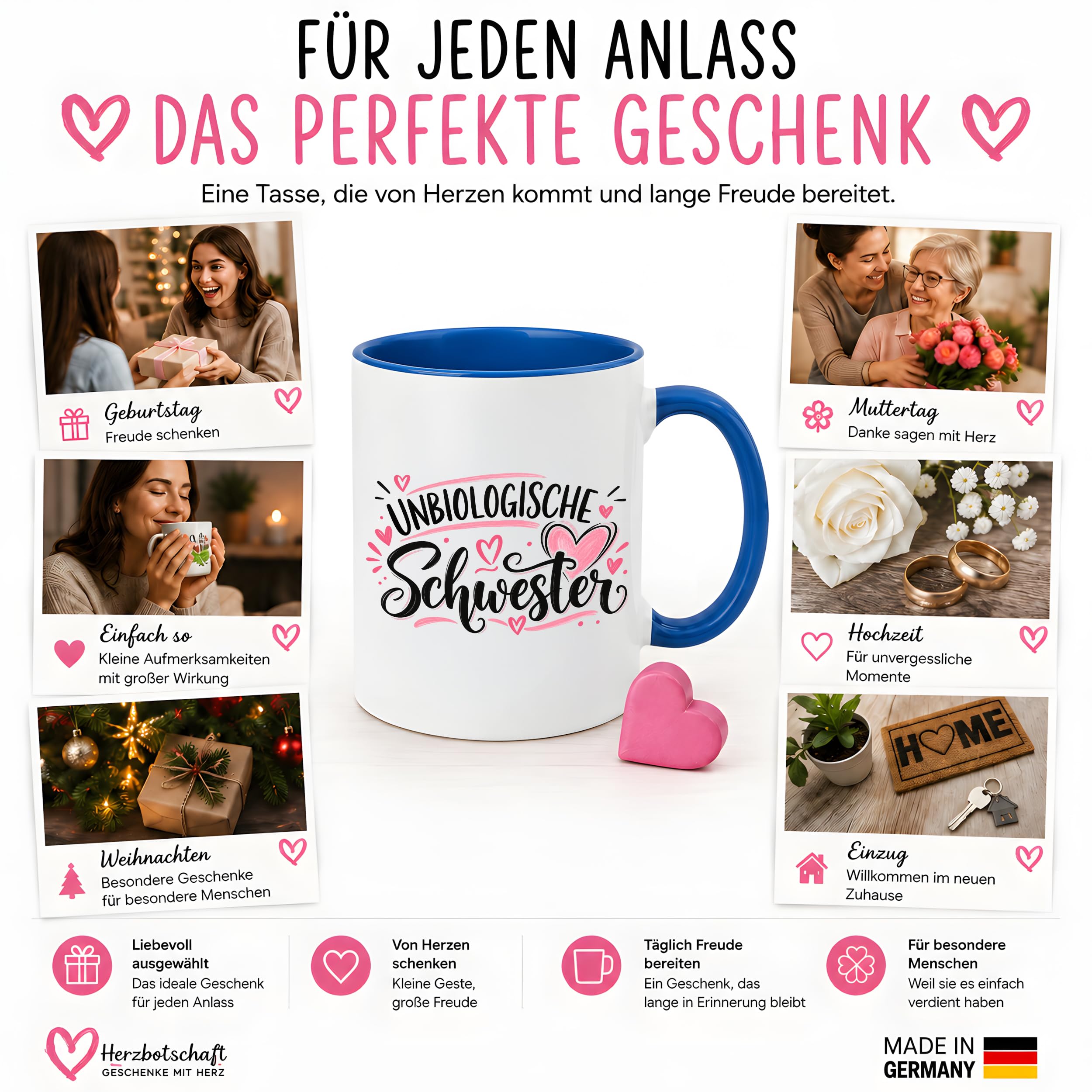 Herzbotschaft Tasse für beste Freundin Kaffeetasse Unbiologische Schwester