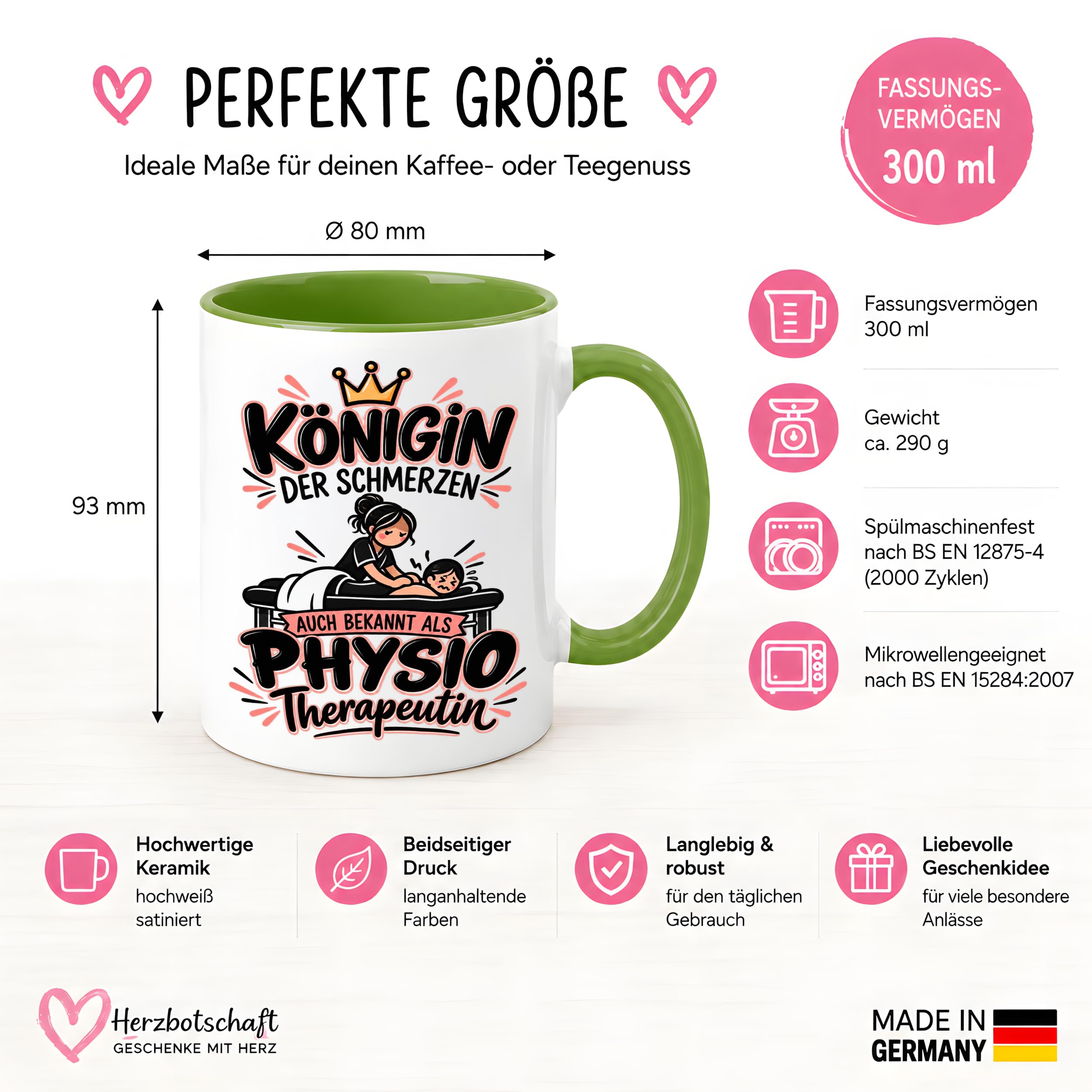 Herzbotschaft Tasse Physiotherapeutin Königin der Schmerzen Kaffeetasse